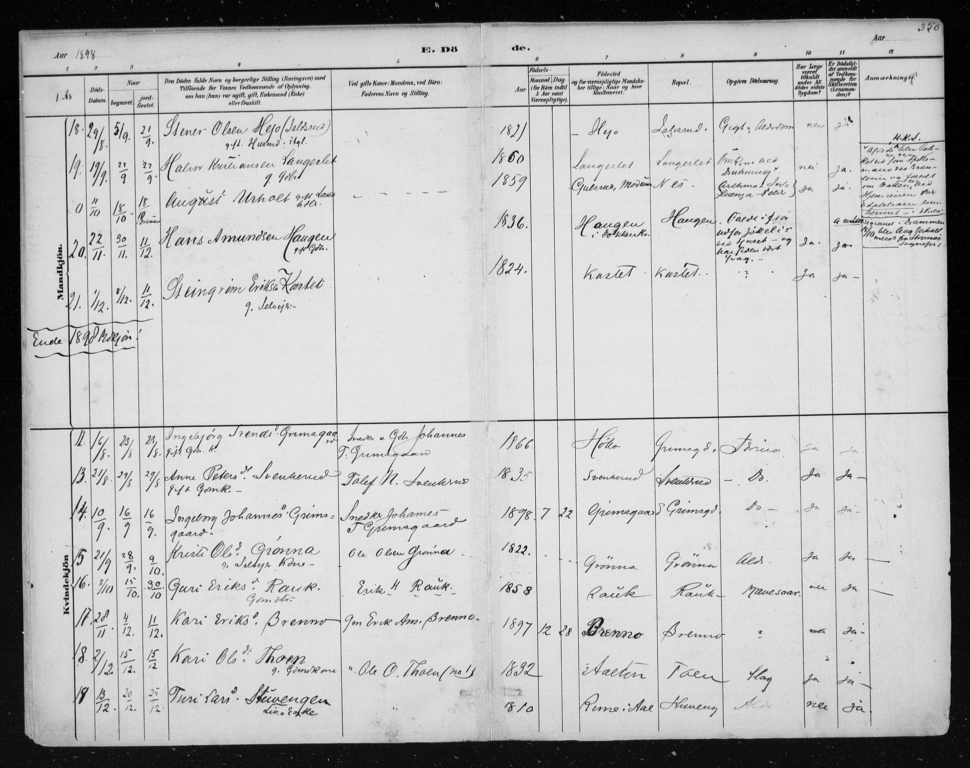 Nes kirkebøker, AV/SAKO-A-236/F/Fa/L0011: Parish register (official) no. 11, 1881-1912, p. 350