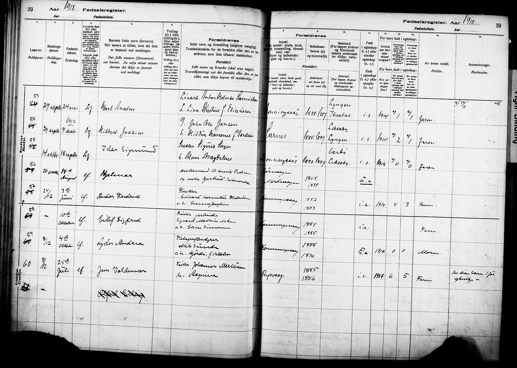 Kjelvik/Nordkapp sokneprestkontor, AV/SATØ-S-1350/I/Ia/L0015: Birth register no. 15, 1916-1930, p. 39