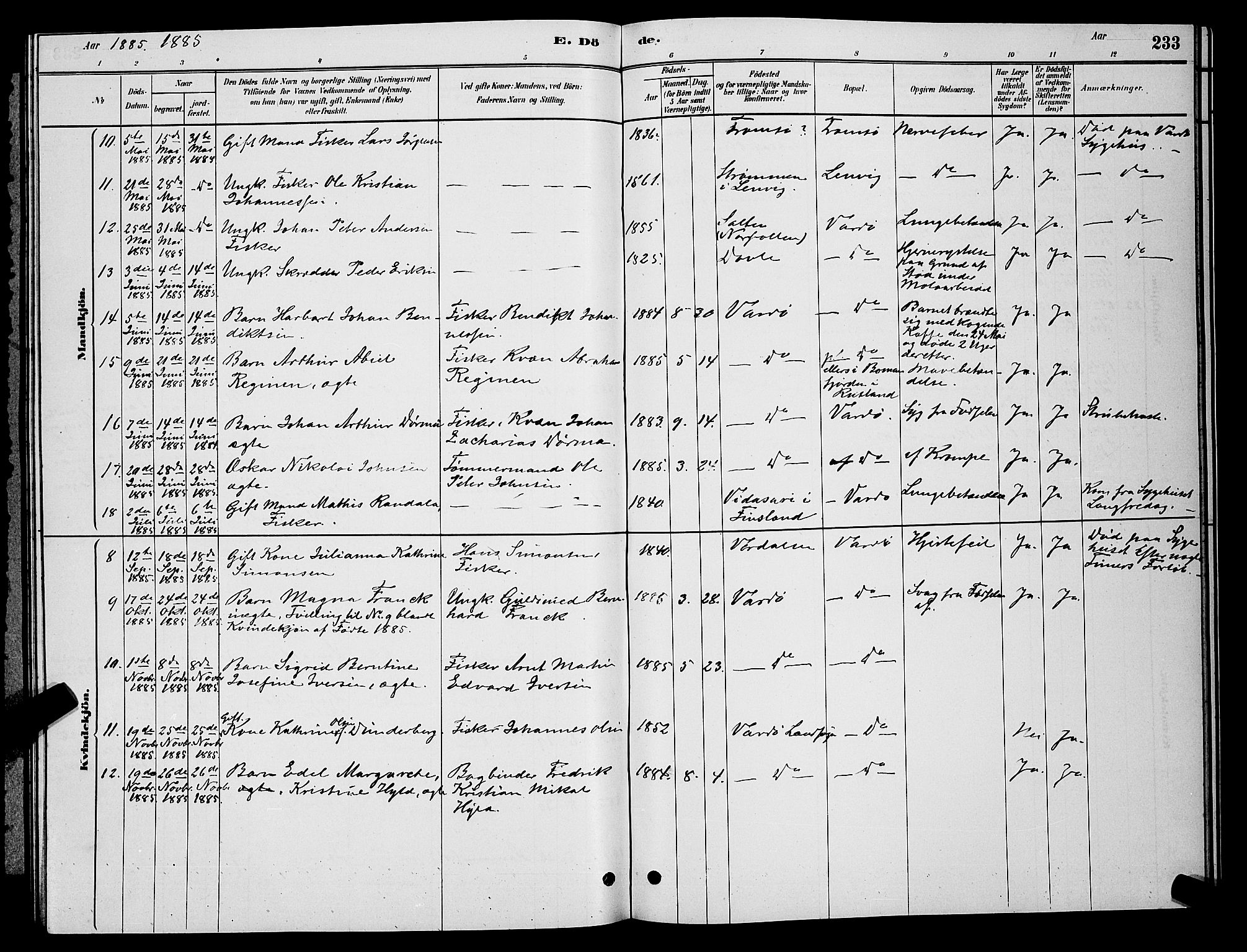 Vardø sokneprestkontor, AV/SATØ-S-1332/H/Hb/L0004klokker: Parish register (copy) no. 4, 1879-1887, p. 233