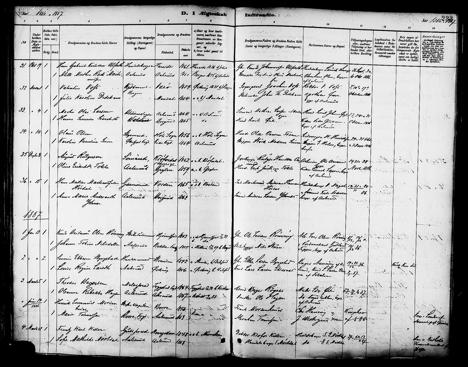 Ministerialprotokoller, klokkerbøker og fødselsregistre - Møre og Romsdal, SAT/A-1454/529/L0455: Parish register (official) no. 529A05, 1885-1893, p. 233