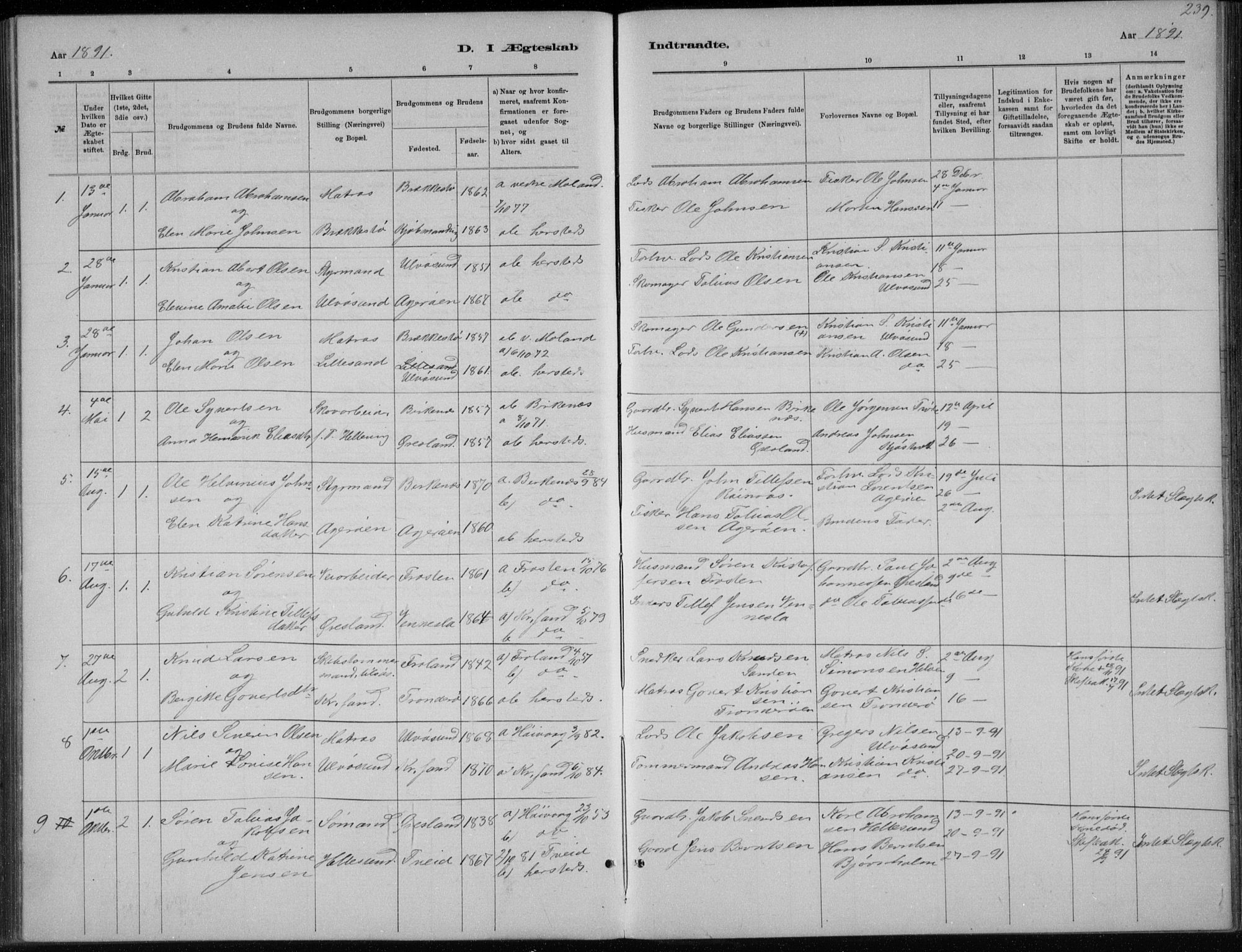 Høvåg sokneprestkontor, SAK/1111-0025/F/Fb/L0004: Parish register (copy) no. B 4, 1883-1898, p. 239