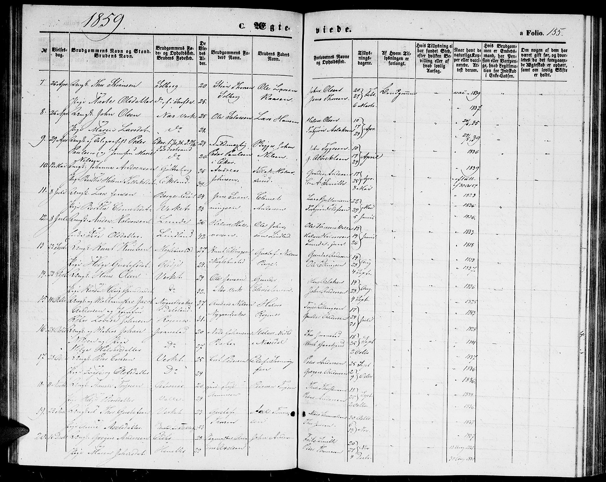 Holt sokneprestkontor, SAK/1111-0021/F/Fb/L0008: Parish register (copy) no. B 8, 1858-1871, p. 155