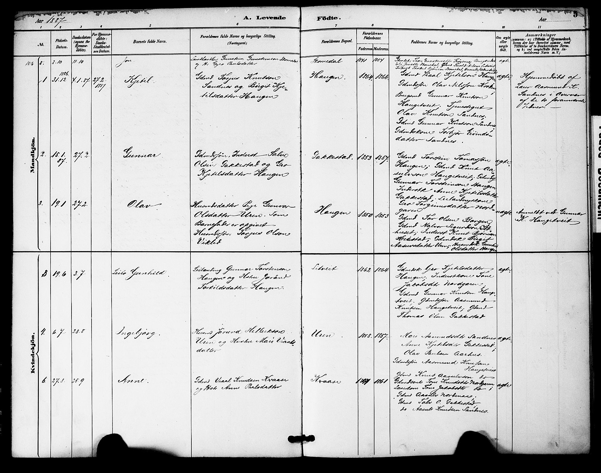 Bygland sokneprestkontor, AV/SAK-1111-0006/F/Fa/Fac/L0001: Parish register (official) no. A 1, 1885-1909, p. 5