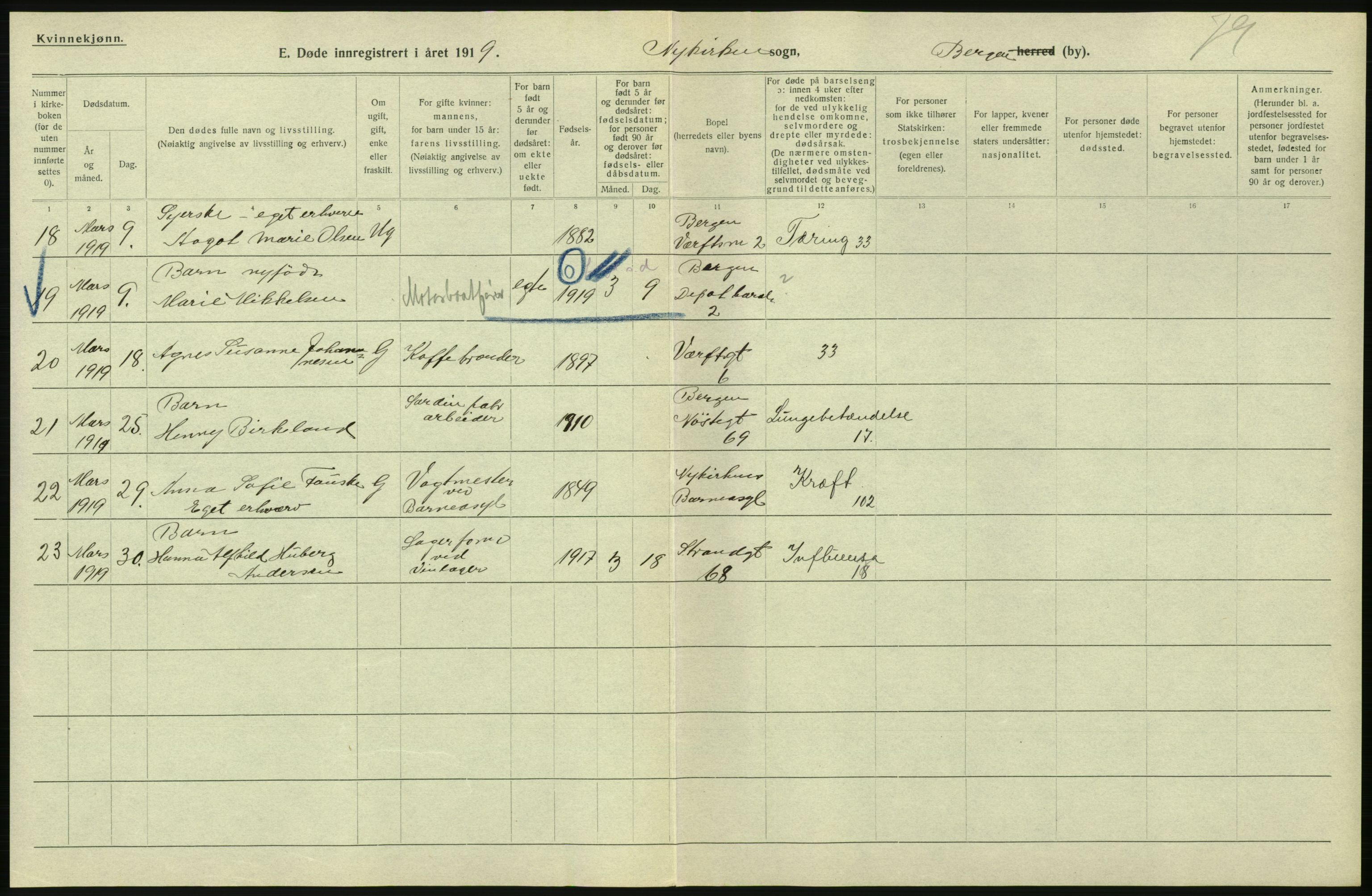 Statistisk sentralbyrå, Sosiodemografiske emner, Befolkning, RA/S-2228/D/Df/Dfb/Dfbi/L0035: Bergen: Gifte, døde, dødfødte., 1919, p. 548