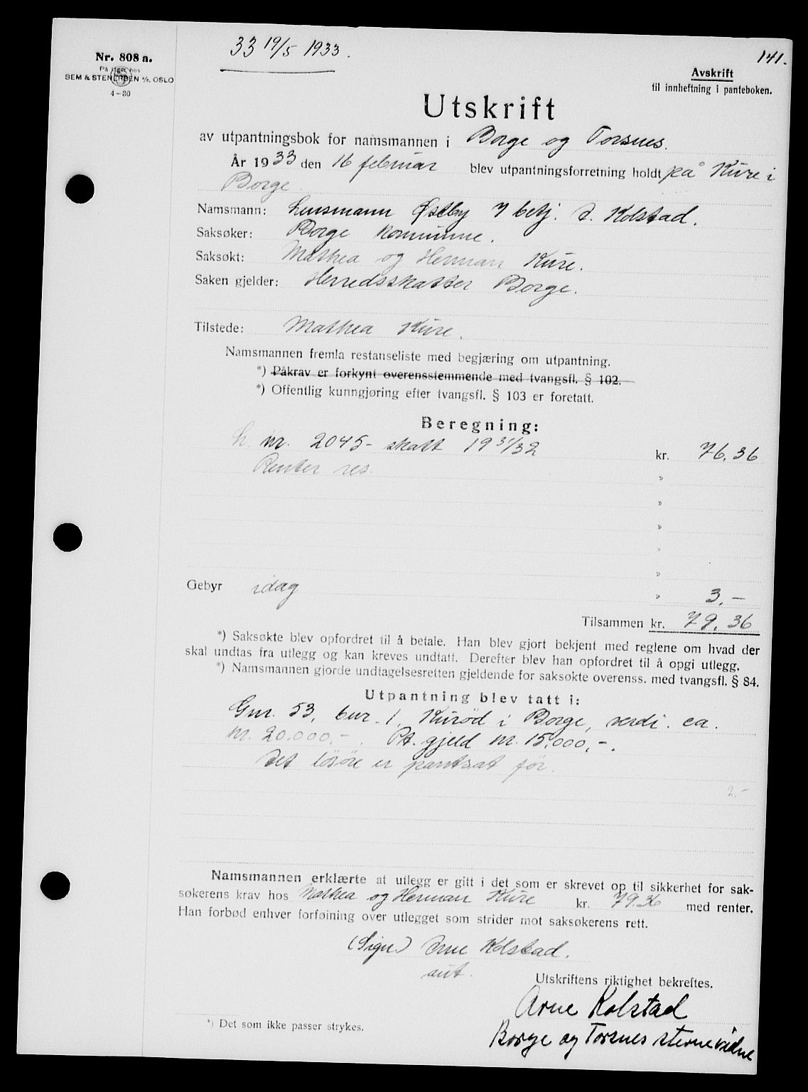 Tune sorenskriveri, SAO/A-10470/G/Gb/Gbb/L0004: Mortgage book no. II 20-24, 1933-1935, Deed date: 19.05.1933