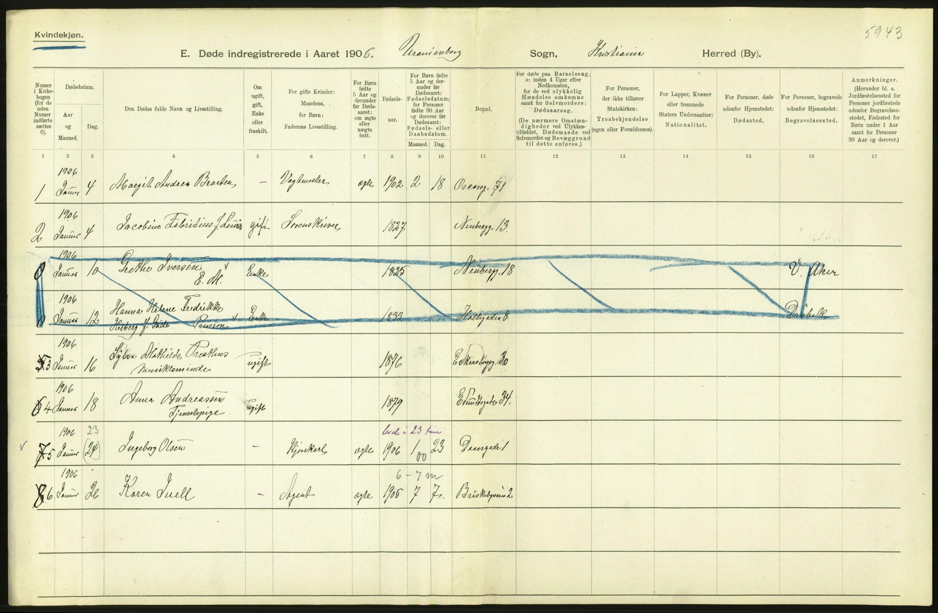 Statistisk sentralbyrå, Sosiodemografiske emner, Befolkning, AV/RA-S-2228/D/Df/Dfa/Dfad/L0009: Kristiania: Døde, 1906, p. 504