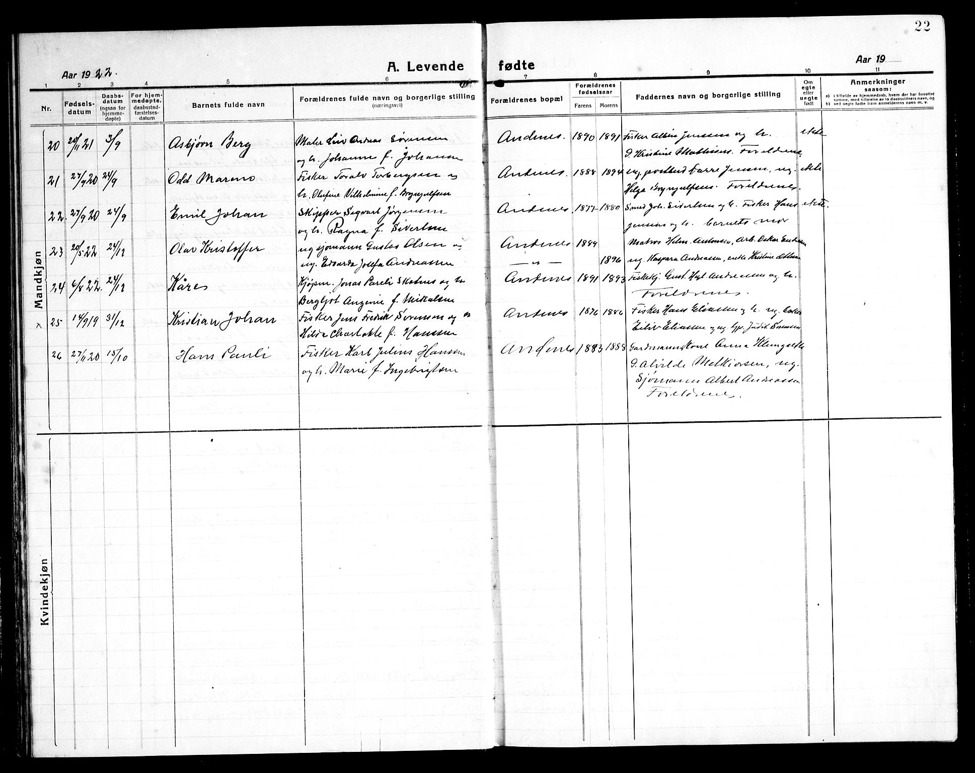 Ministerialprotokoller, klokkerbøker og fødselsregistre - Nordland, SAT/A-1459/899/L1450: Parish register (copy) no. 899C05, 1918-1945, p. 22