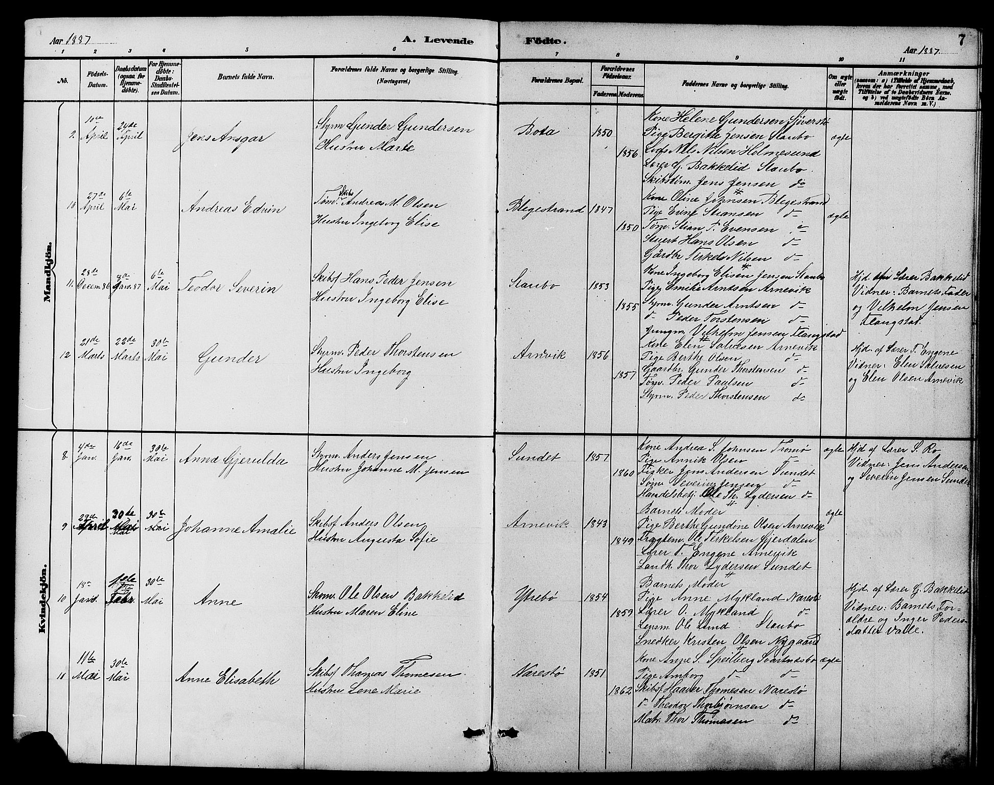 Dypvåg sokneprestkontor, AV/SAK-1111-0007/F/Fb/Fbb/L0004: Parish register (copy) no. B 4, 1887-1905, p. 7