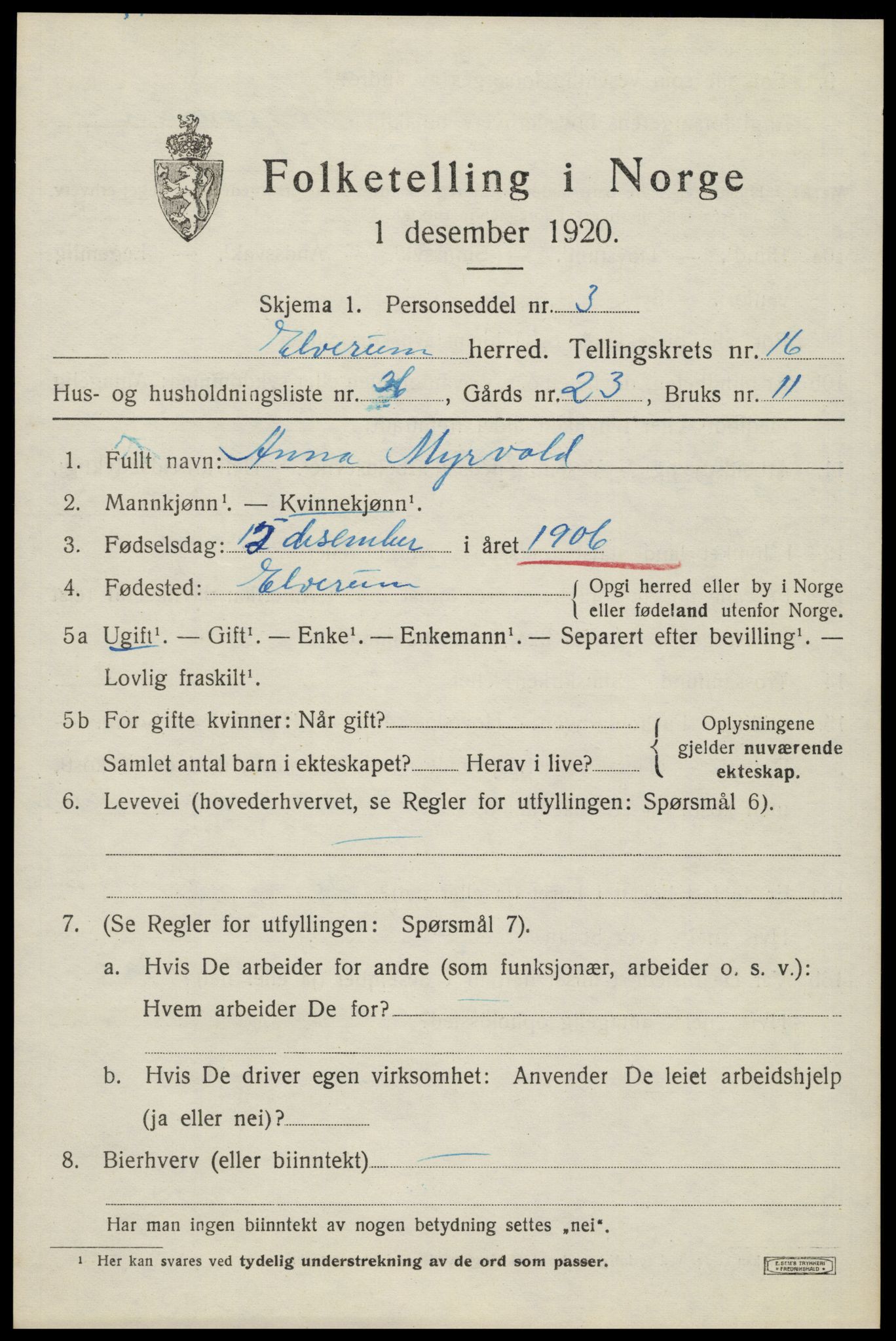 SAH, 1920 census for Elverum, 1920, p. 21192