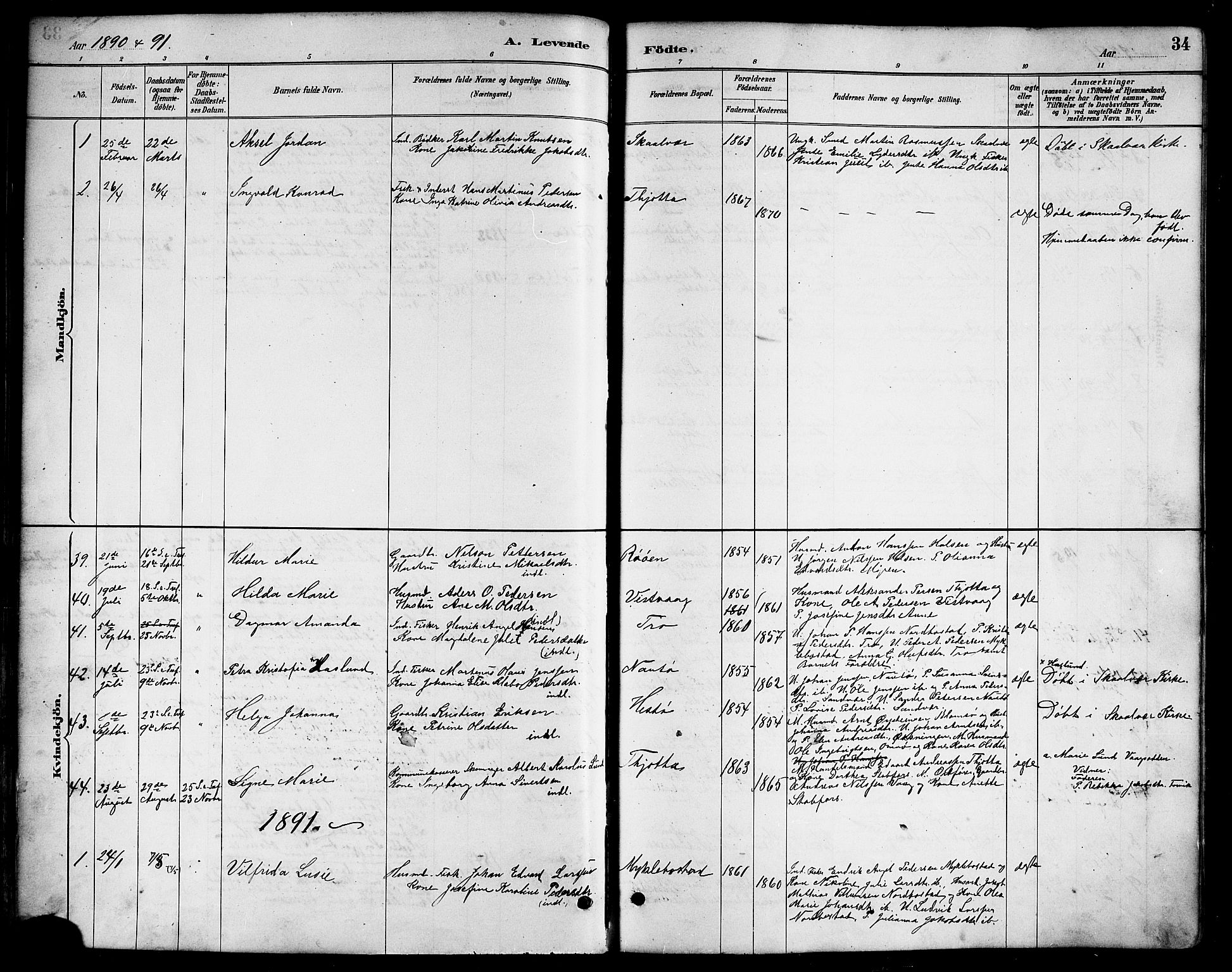 Ministerialprotokoller, klokkerbøker og fødselsregistre - Nordland, AV/SAT-A-1459/817/L0268: Parish register (copy) no. 817C03, 1884-1920, p. 34