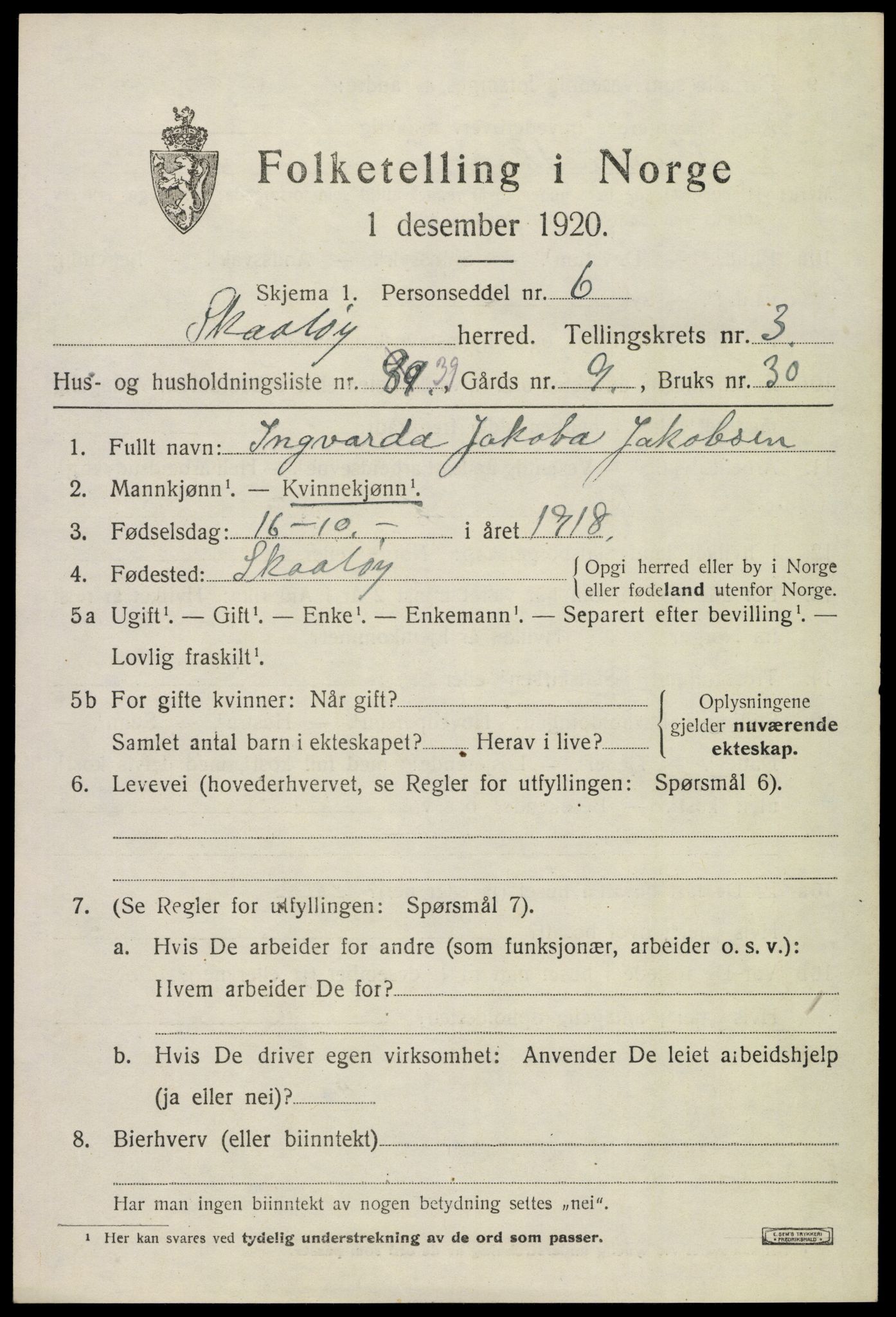 SAKO, 1920 census for Skåtøy, 1920, p. 3114