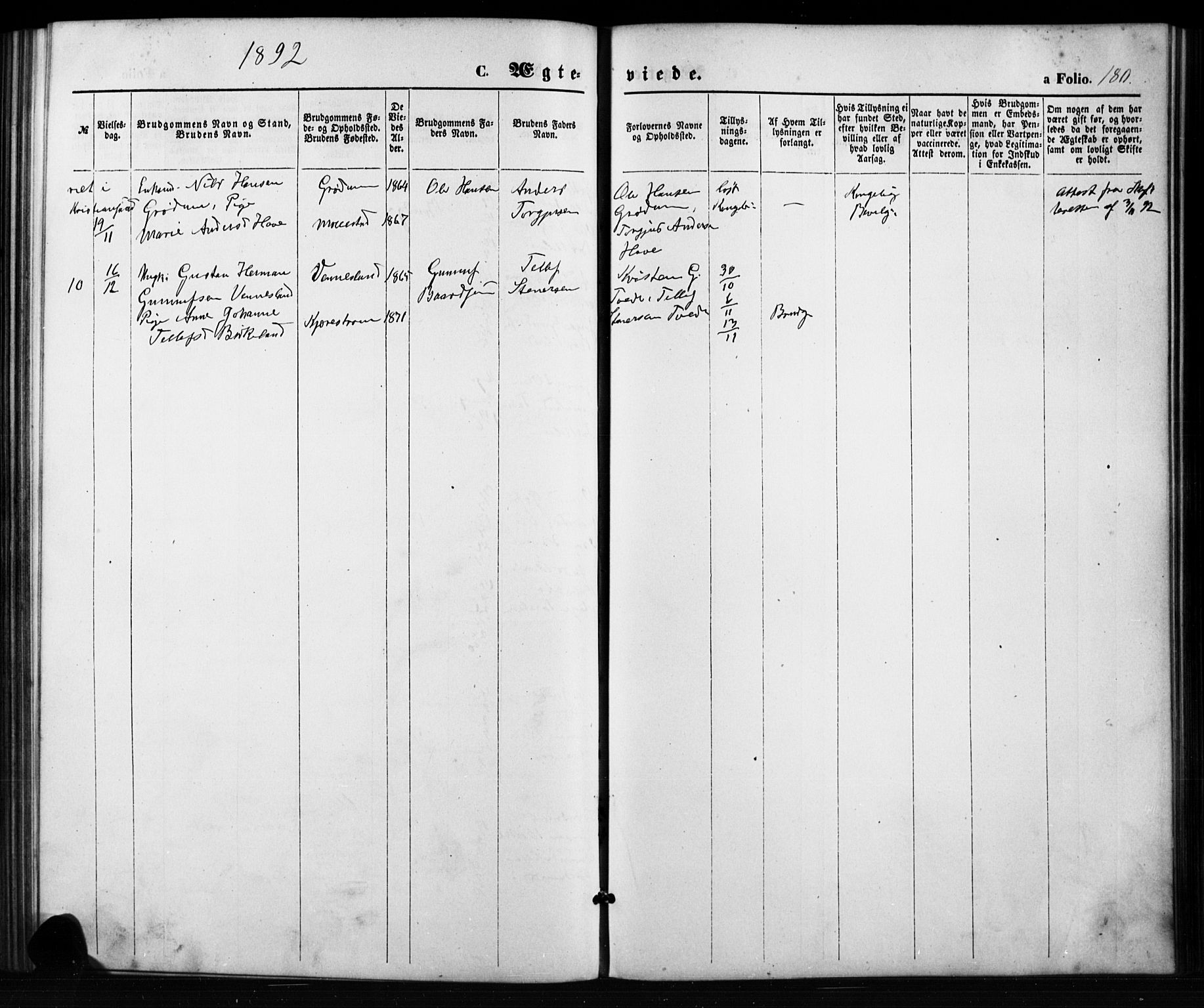 Birkenes sokneprestkontor, AV/SAK-1111-0004/F/Fb/L0003: Parish register (copy) no. B 3, 1876-1892, p. 180