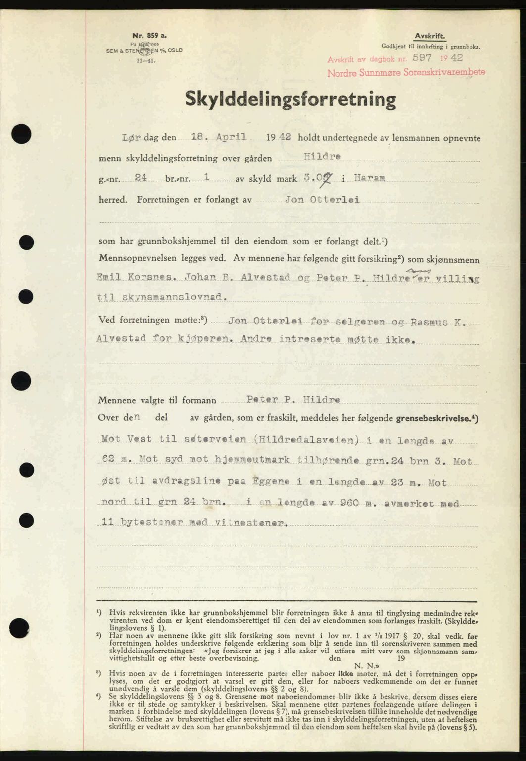 Nordre Sunnmøre sorenskriveri, AV/SAT-A-0006/1/2/2C/2Ca: Mortgage book no. A13, 1942-1942, Diary no: : 597/1942