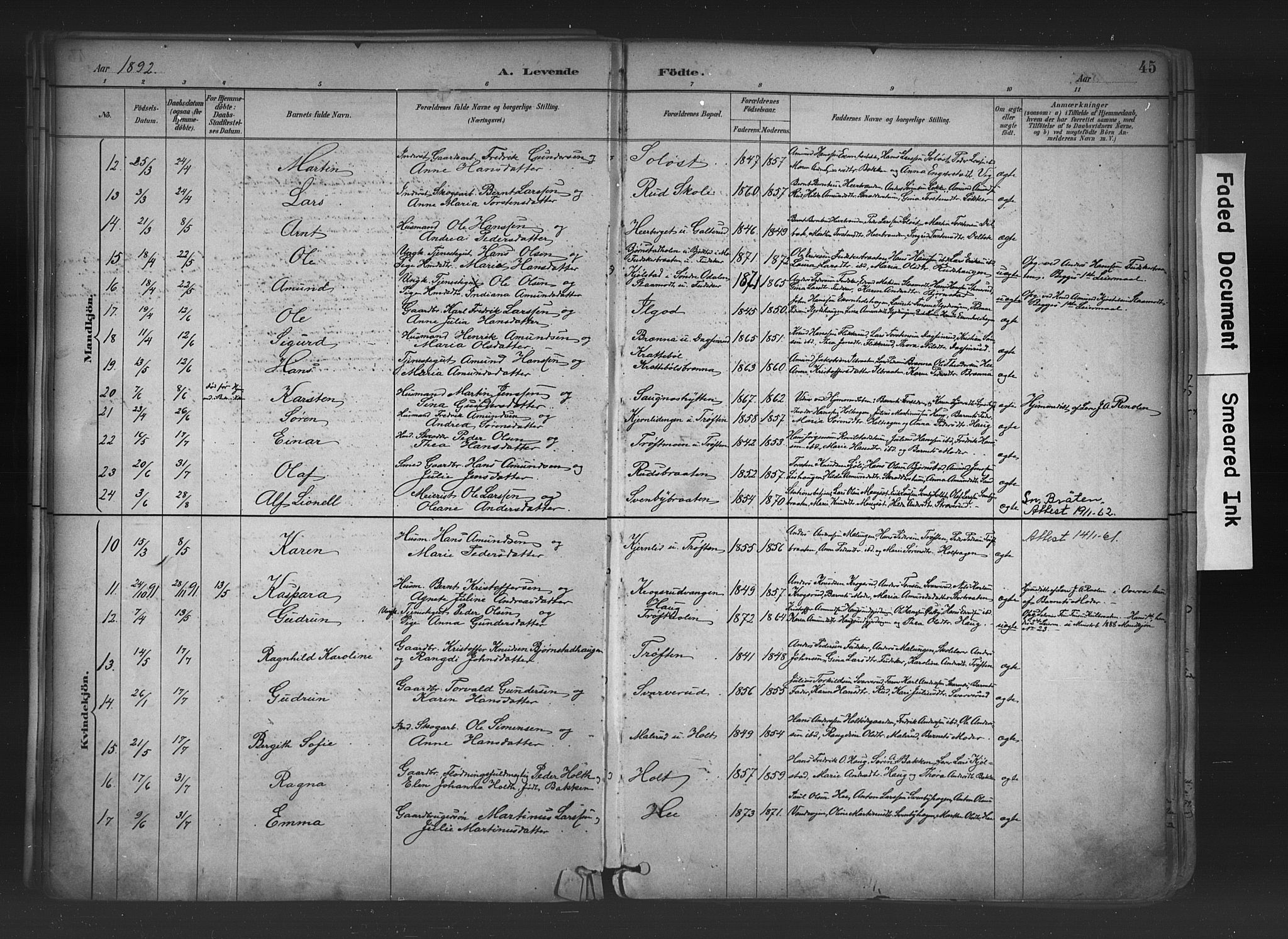 Nord-Odal prestekontor, SAH/PREST-032/H/Ha/Haa/L0006: Parish register (official) no. 6, 1886-1901, p. 45