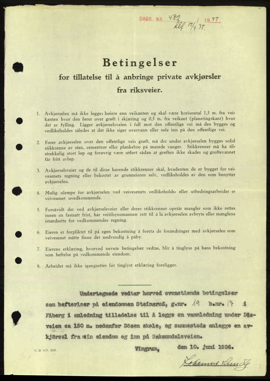 Sør-Gudbrandsdal tingrett, SAH/TING-004/H/Hb/Hbe/L0001: Mortgage book no. B1, 1936-1939, Diary no: : 482/1937