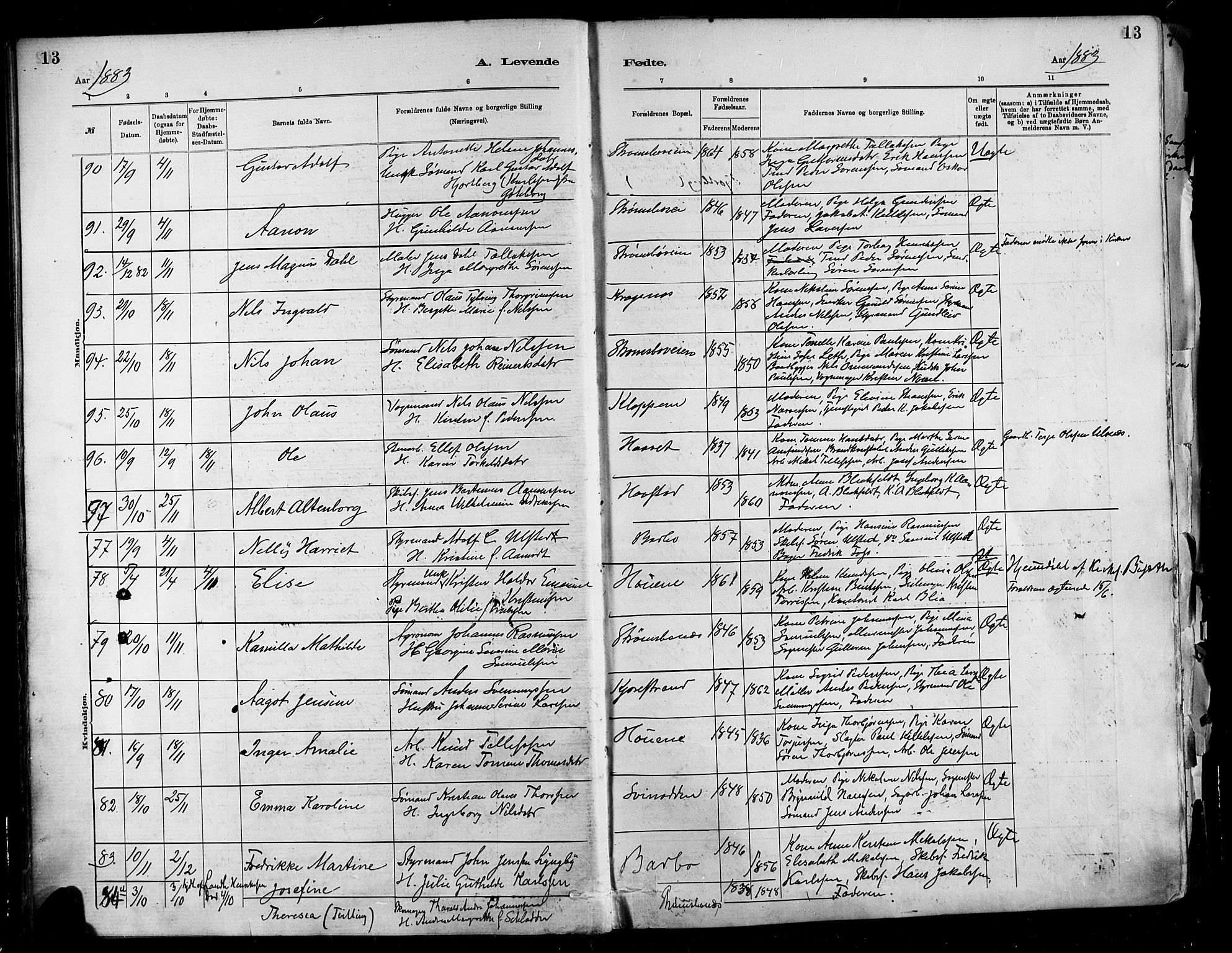 Barbu sokneprestkontor, SAK/1111-0003/F/Fa/L0002: Parish register (official) no. A 2, 1883-1898, p. 13