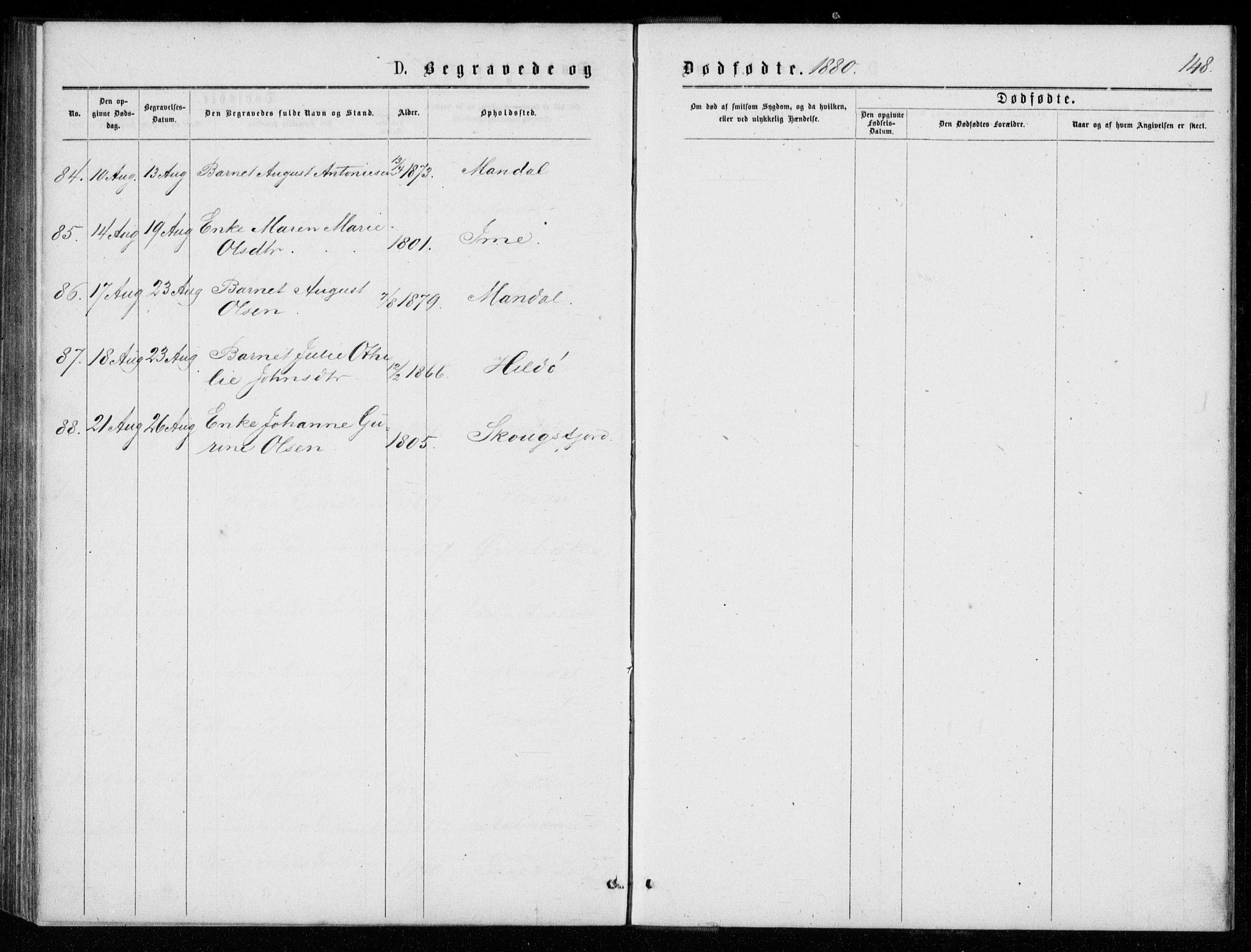 Mandal sokneprestkontor, AV/SAK-1111-0030/F/Fb/Fba/L0010: Parish register (copy) no. B 4, 1876-1880, p. 148