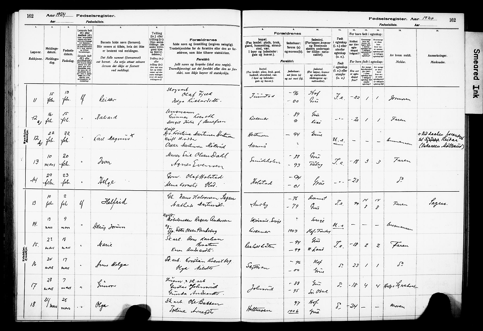 Grue prestekontor, AV/SAH-PREST-036/I/Id/Ida/L0001: Birth register no. I 1, 1916-1926, p. 162