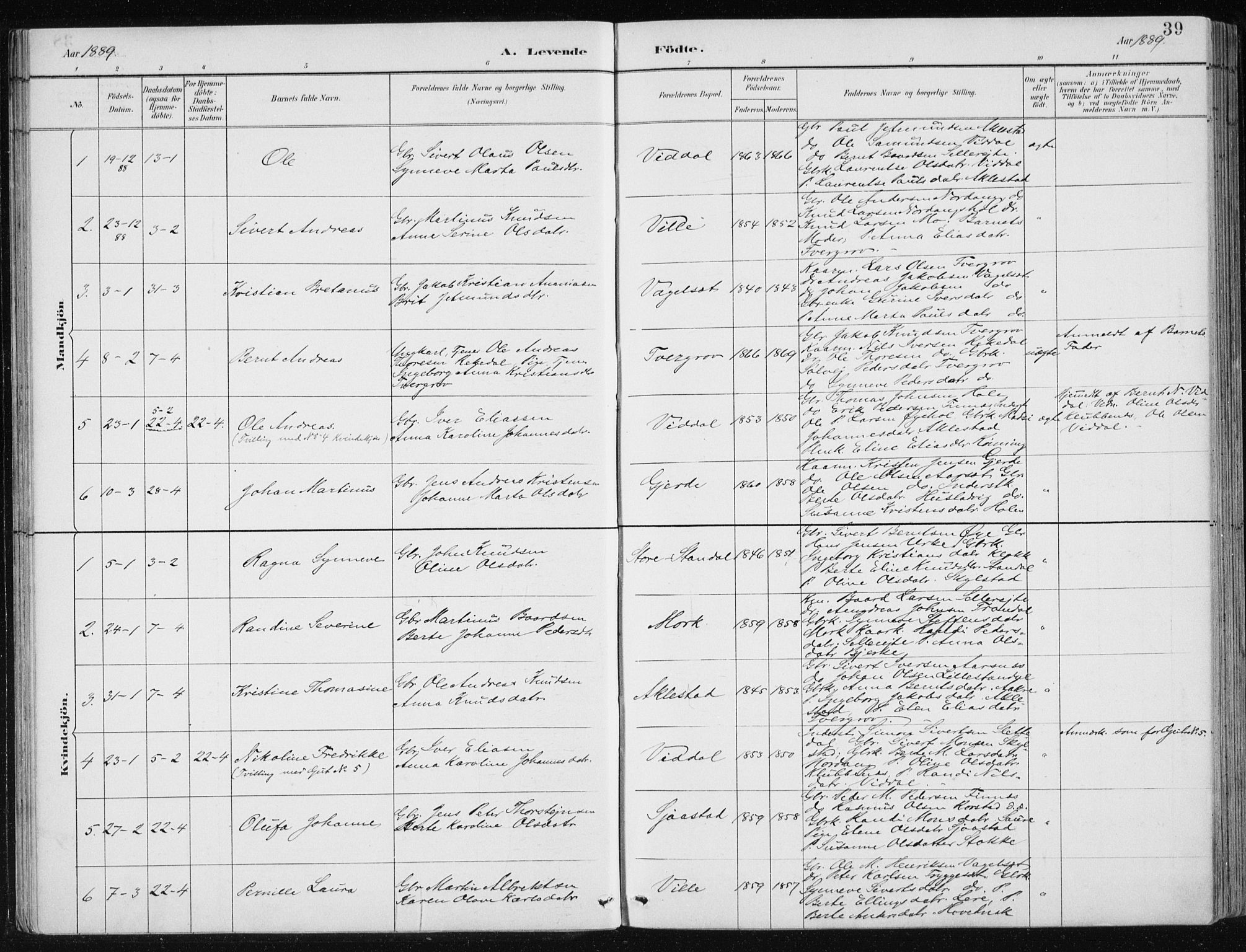 Ministerialprotokoller, klokkerbøker og fødselsregistre - Møre og Romsdal, AV/SAT-A-1454/515/L0215: Parish register (copy) no. 515C02, 1884-1906, p. 39