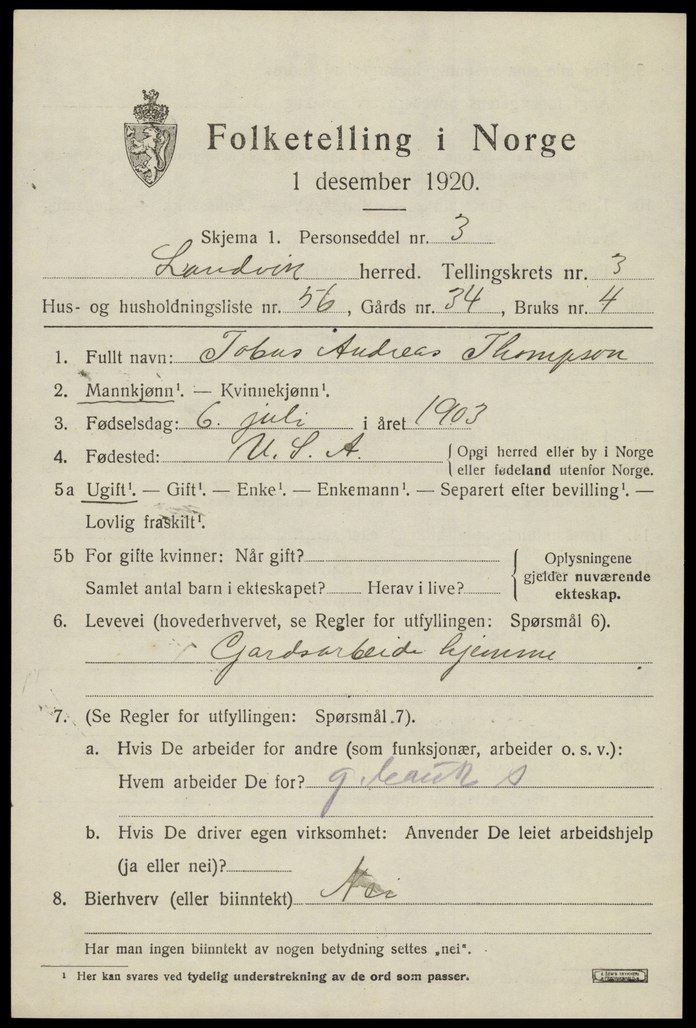 SAK, 1920 census for Landvik, 1920, p. 3436