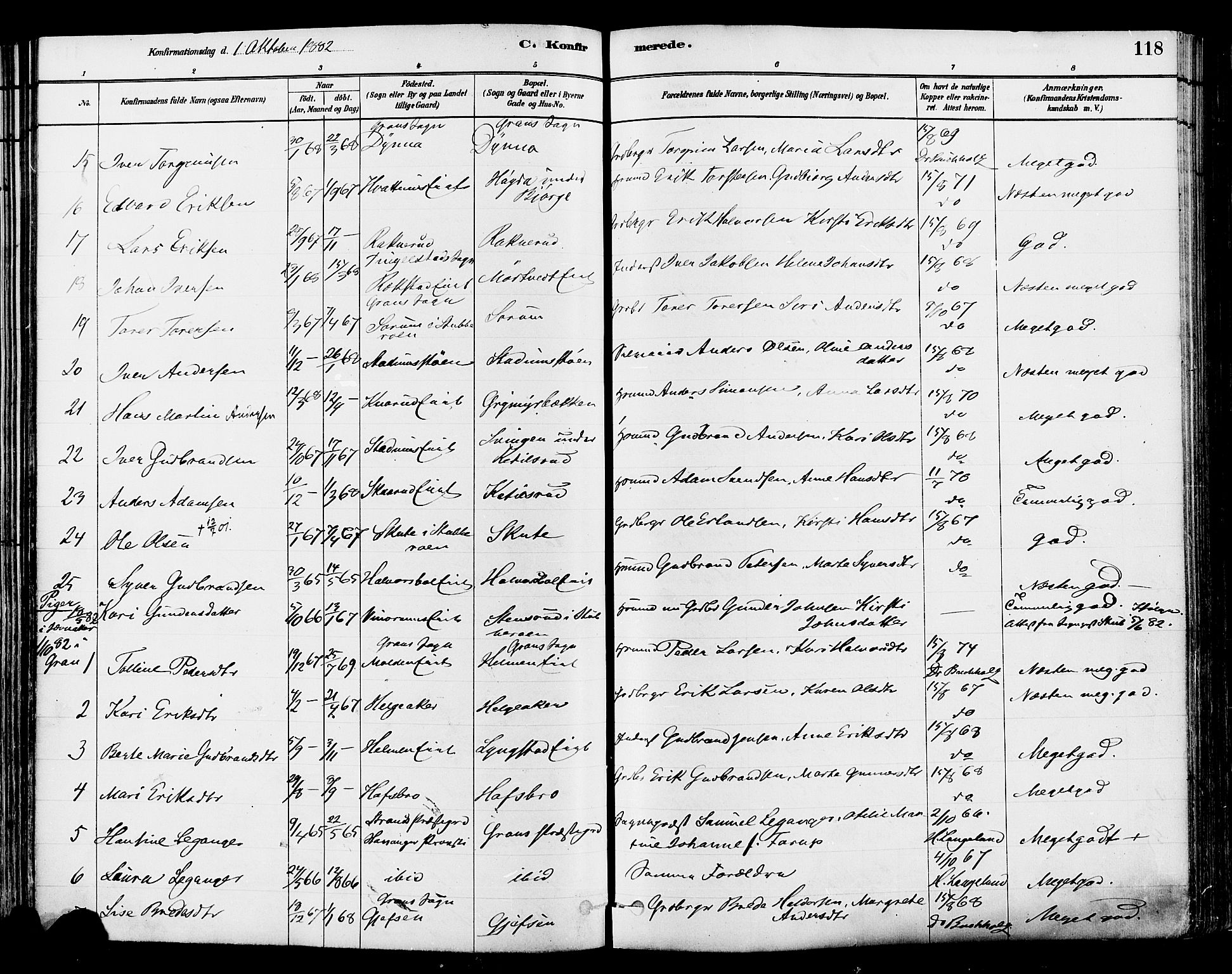 Gran prestekontor, AV/SAH-PREST-112/H/Ha/Haa/L0014: Parish register (official) no. 14, 1880-1889, p. 118