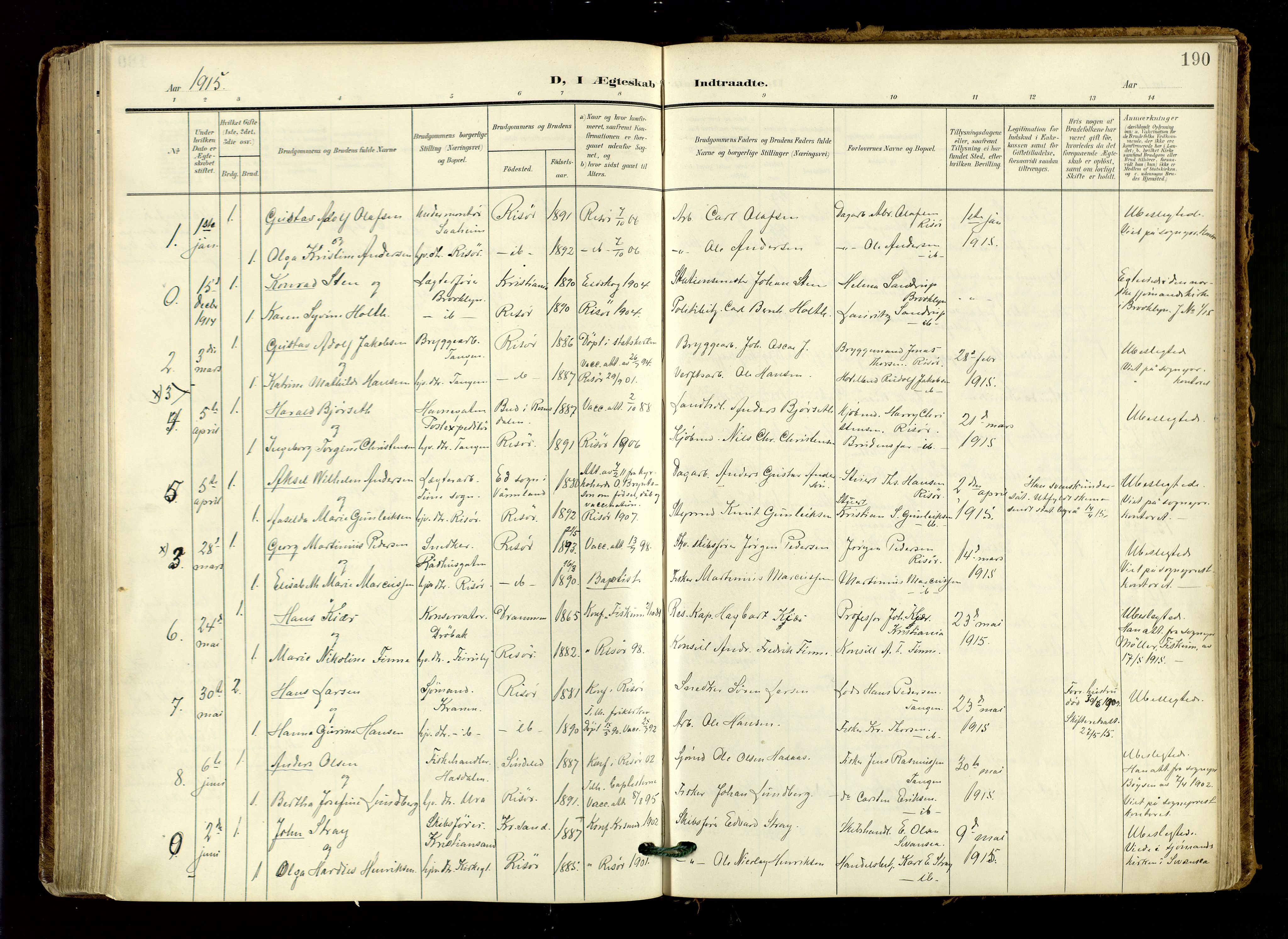 Risør sokneprestkontor, AV/SAK-1111-0035/F/Fa/L0011: Parish register (official) no. A 11, 1907-1920, p. 190