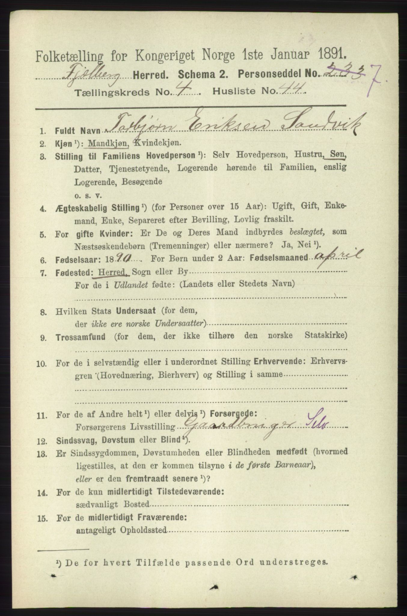 RA, 1891 census for 1213 Fjelberg, 1891, p. 1403