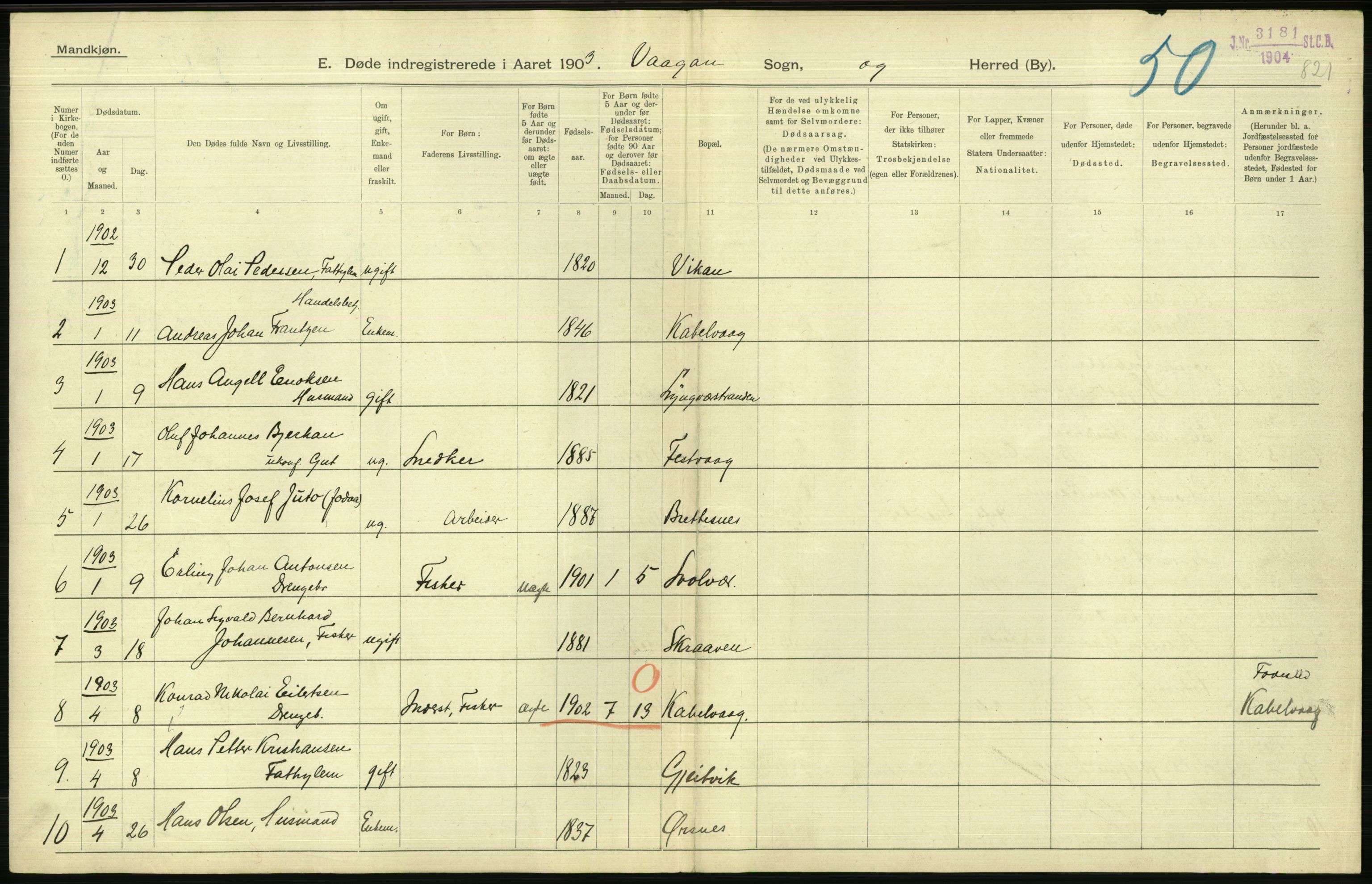 Statistisk sentralbyrå, Sosiodemografiske emner, Befolkning, AV/RA-S-2228/D/Df/Dfa/Dfaa/L0019: Nordlands amt: Fødte, gifte, døde., 1903, p. 244