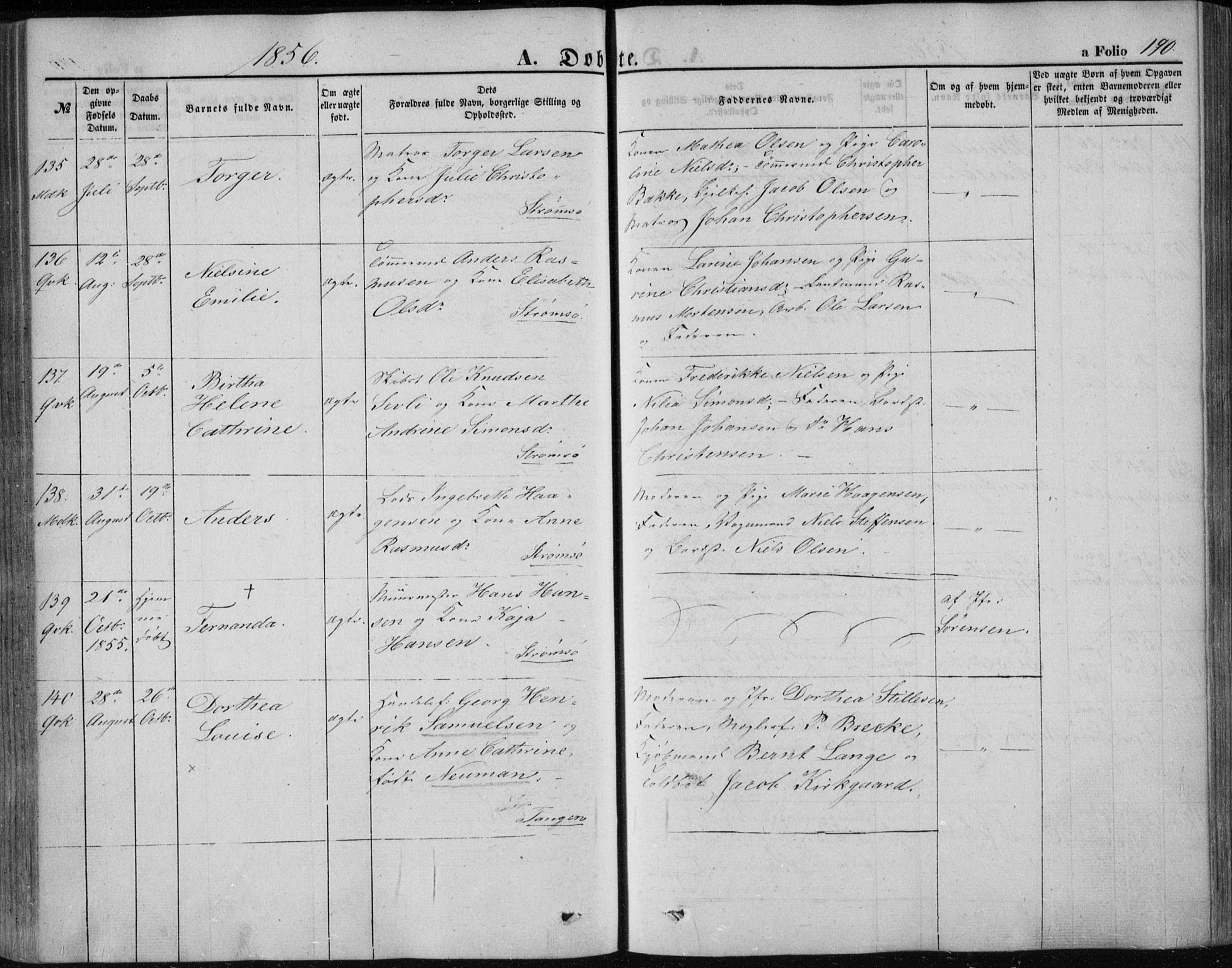 Strømsø kirkebøker, AV/SAKO-A-246/F/Fa/L0014: Parish register (official) no. I 14, 1848-1858, p. 190