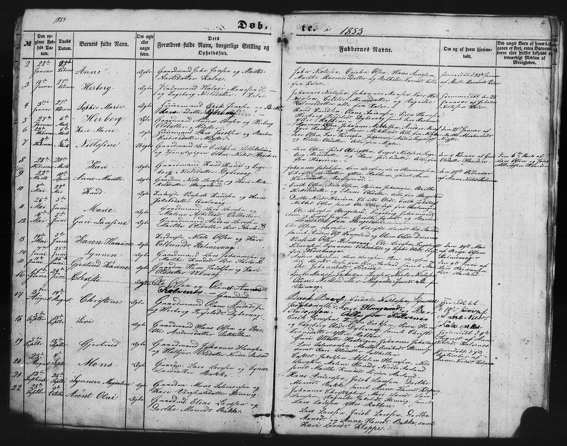 Austevoll Sokneprestembete, SAB/A-74201/H/Hab: Parish register (copy) no. B 1, 1852-1864, p. 4