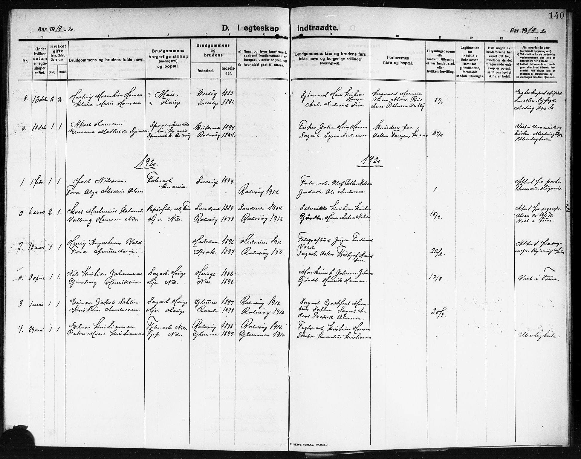 Rolvsøy prestekontor Kirkebøker, AV/SAO-A-2004/G/Ga/L0001: Parish register (copy) no. 1, 1911-1920, p. 140