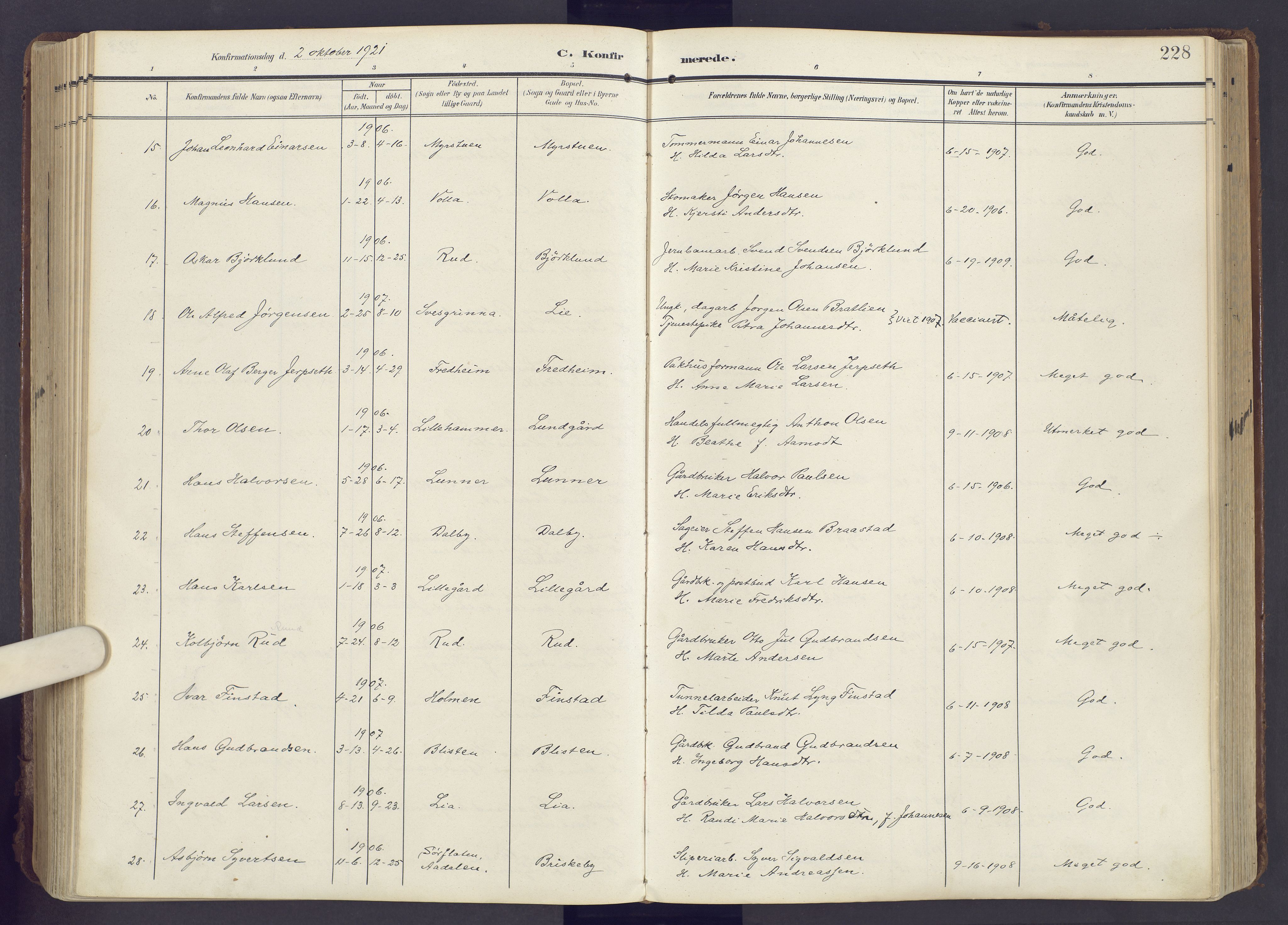 Lunner prestekontor, SAH/PREST-118/H/Ha/Haa/L0001: Parish register (official) no. 1, 1907-1922, p. 228