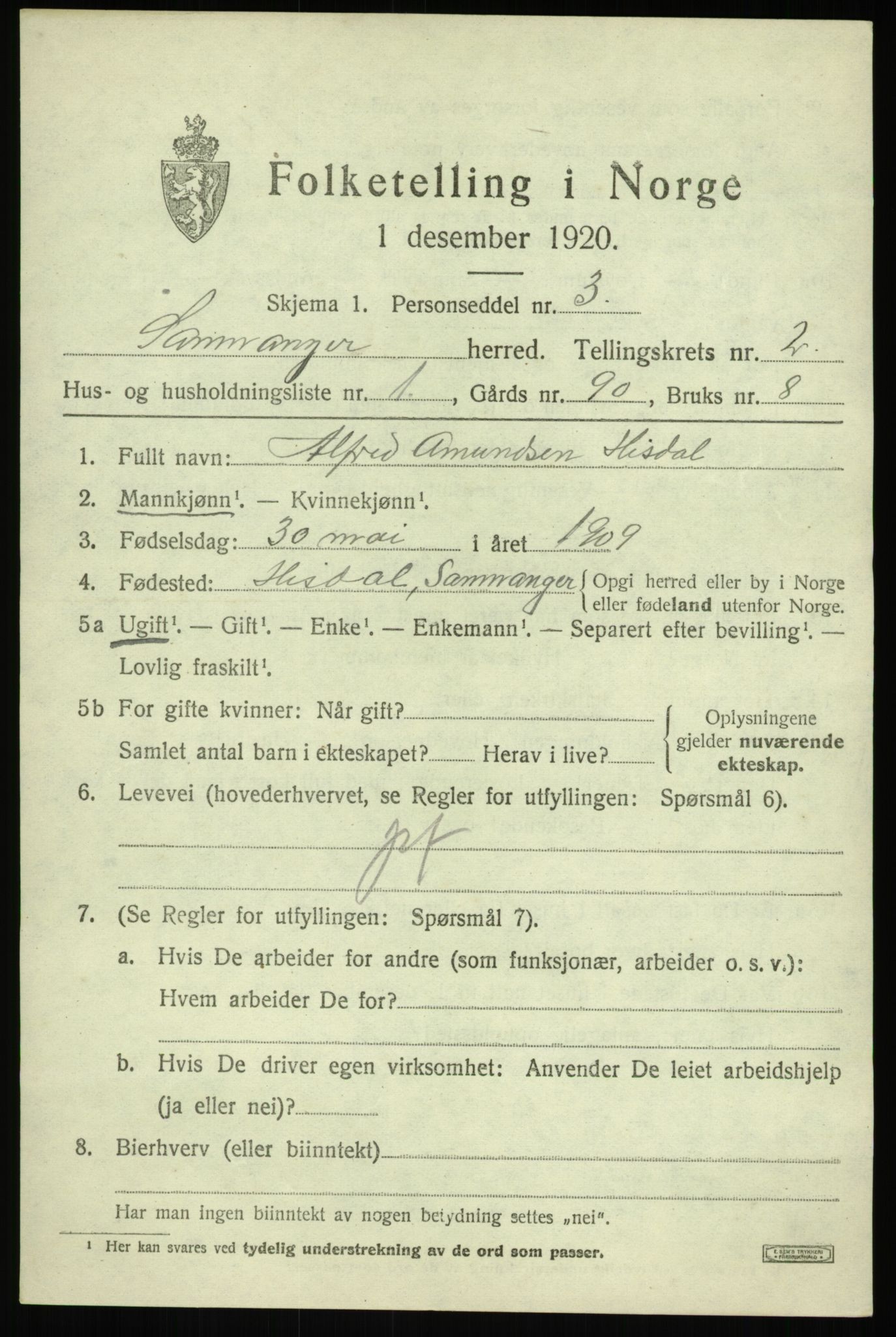 SAB, 1920 census for Samnanger, 1920, p. 1113