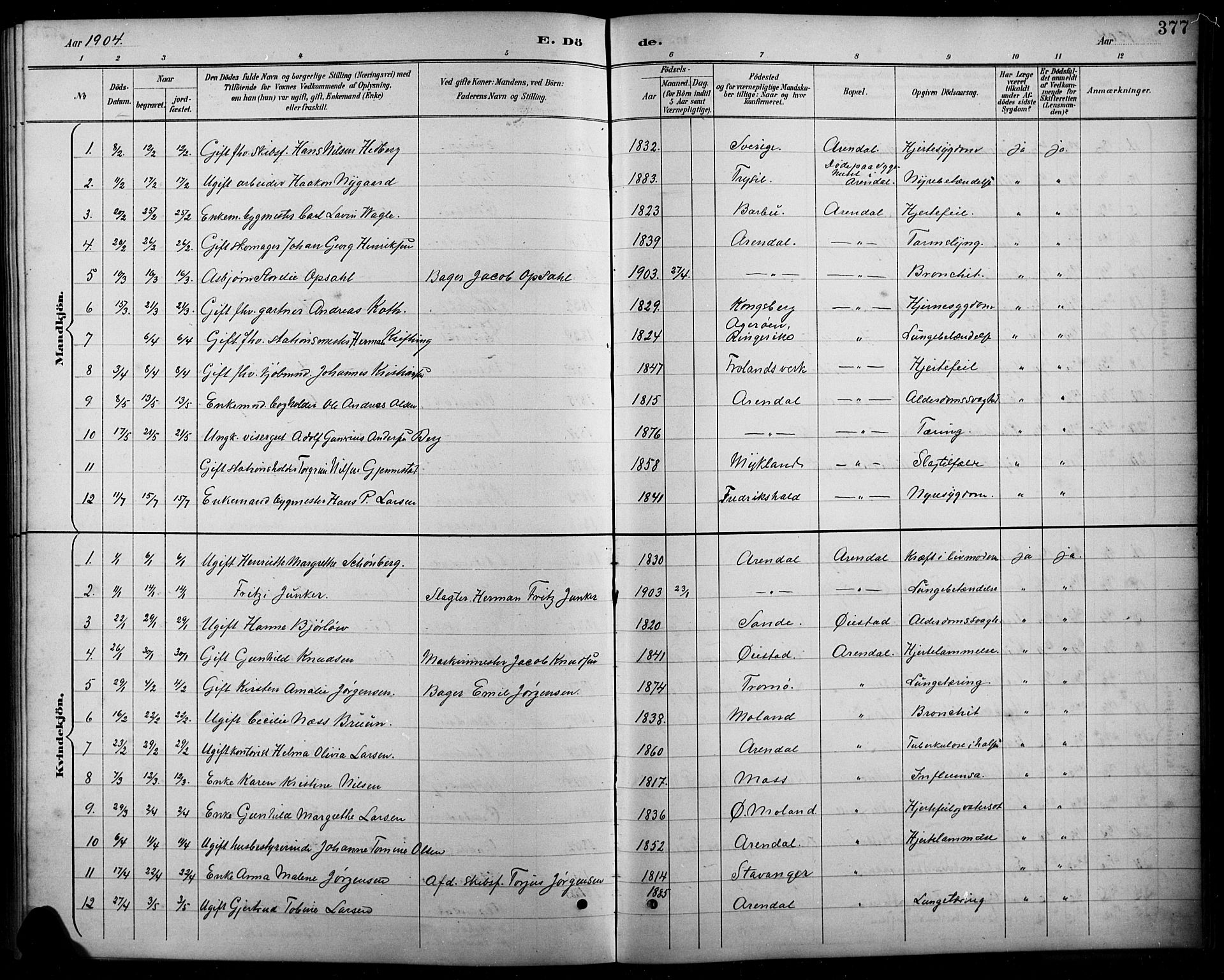 Arendal sokneprestkontor, Trefoldighet, AV/SAK-1111-0040/F/Fb/L0006: Parish register (copy) no. B 6, 1889-1916, p. 377