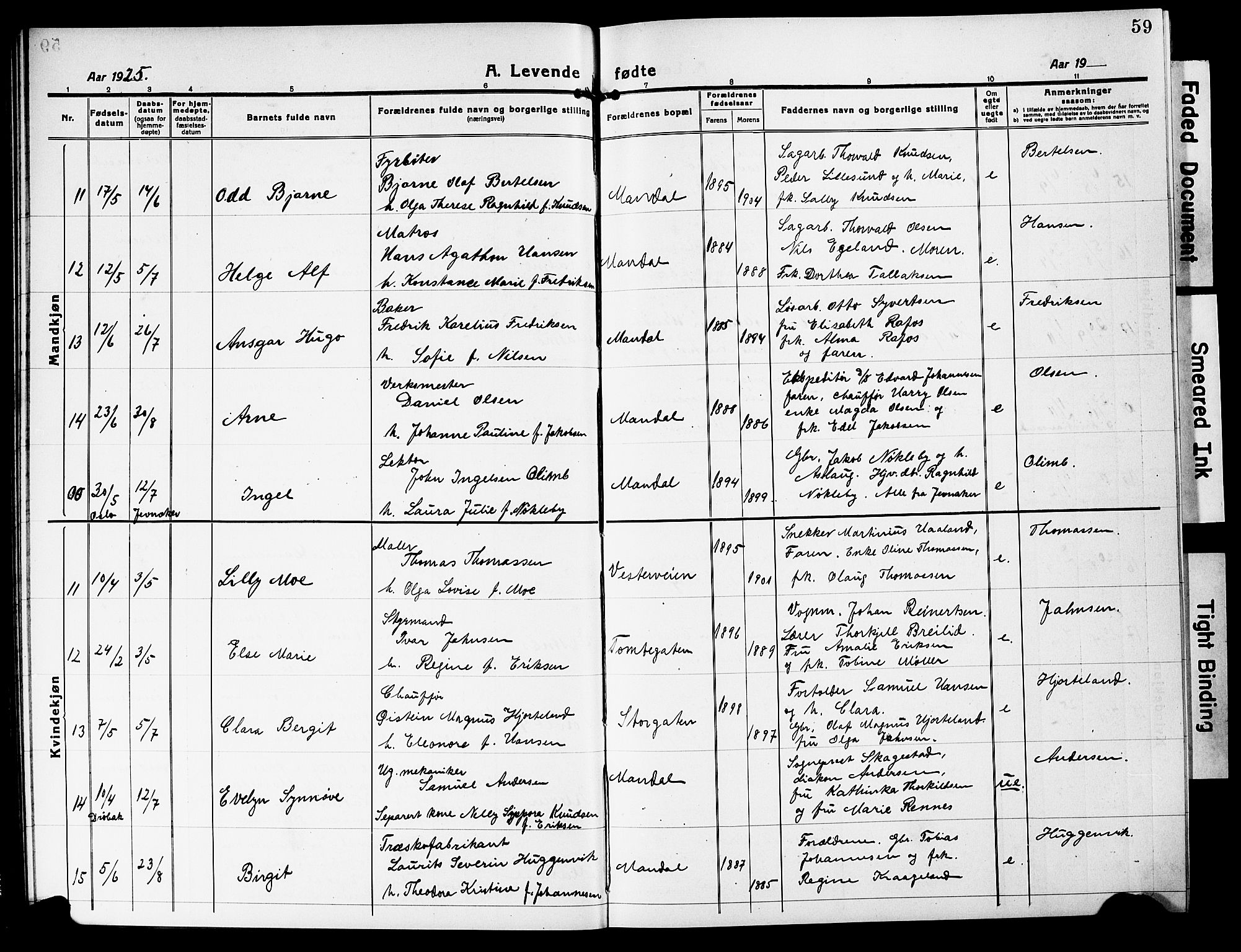 Mandal sokneprestkontor, AV/SAK-1111-0030/F/Fb/Fbc/L0001: Parish register (copy) no. B 1, 1918-1931, p. 59