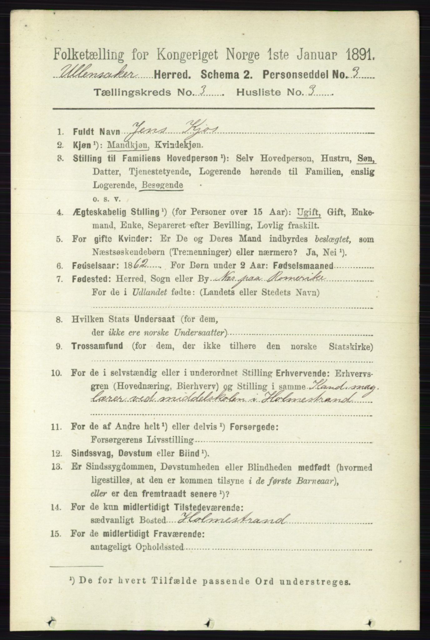 RA, 1891 census for 0235 Ullensaker, 1891, p. 1125