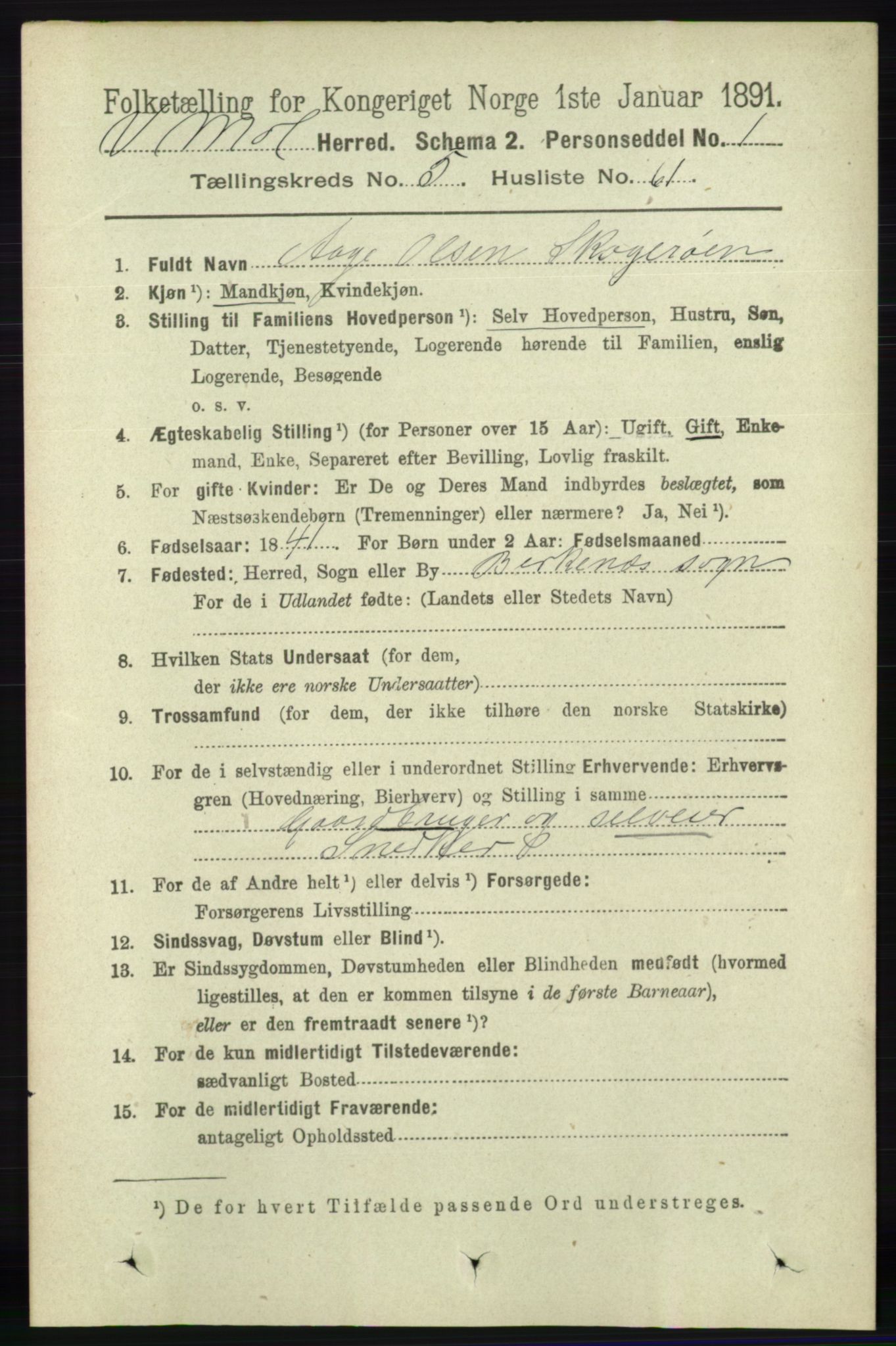 RA, 1891 census for 0926 Vestre Moland, 1891, p. 2159