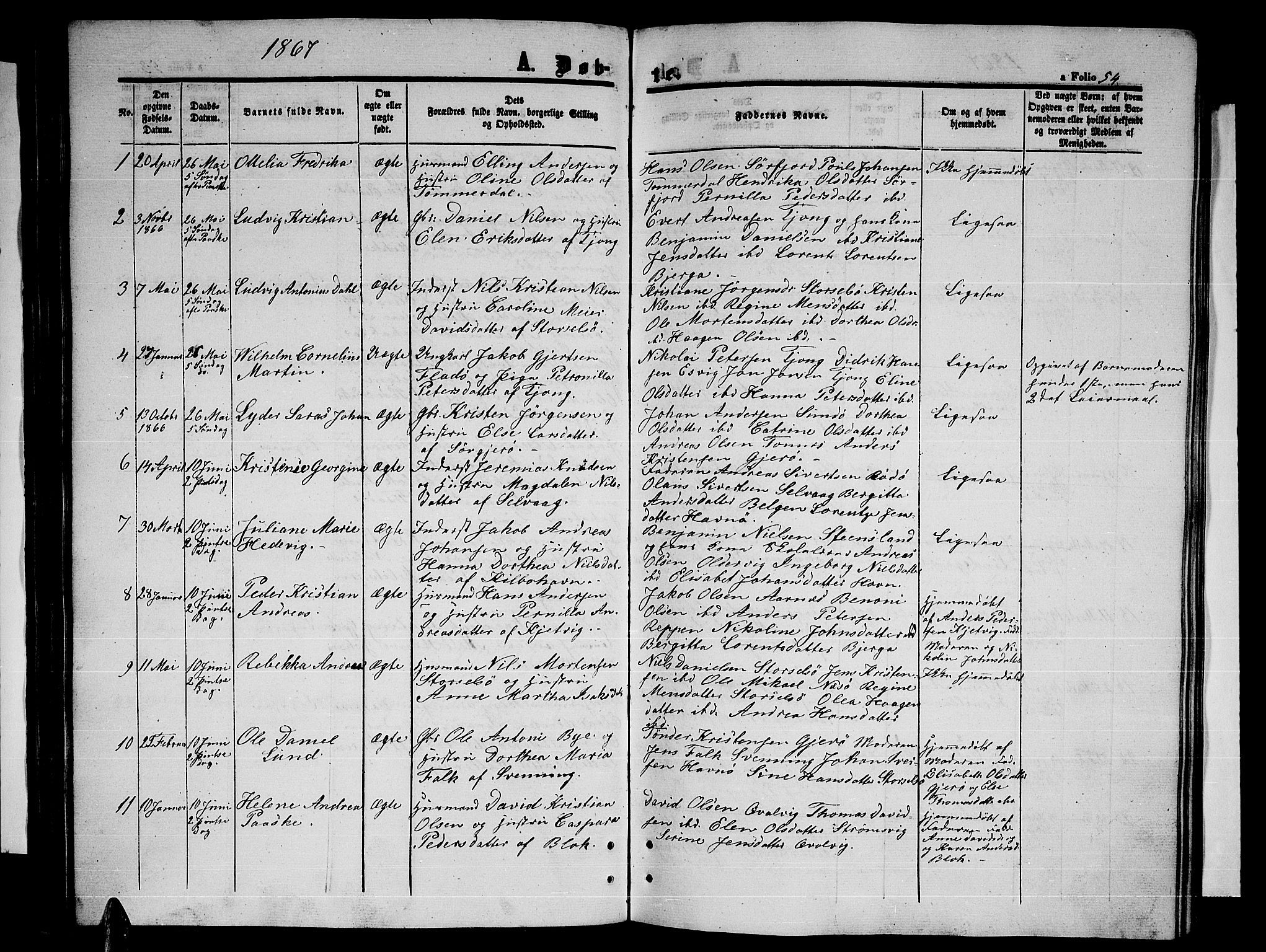 Ministerialprotokoller, klokkerbøker og fødselsregistre - Nordland, SAT/A-1459/841/L0619: Parish register (copy) no. 841C03, 1856-1876, p. 54