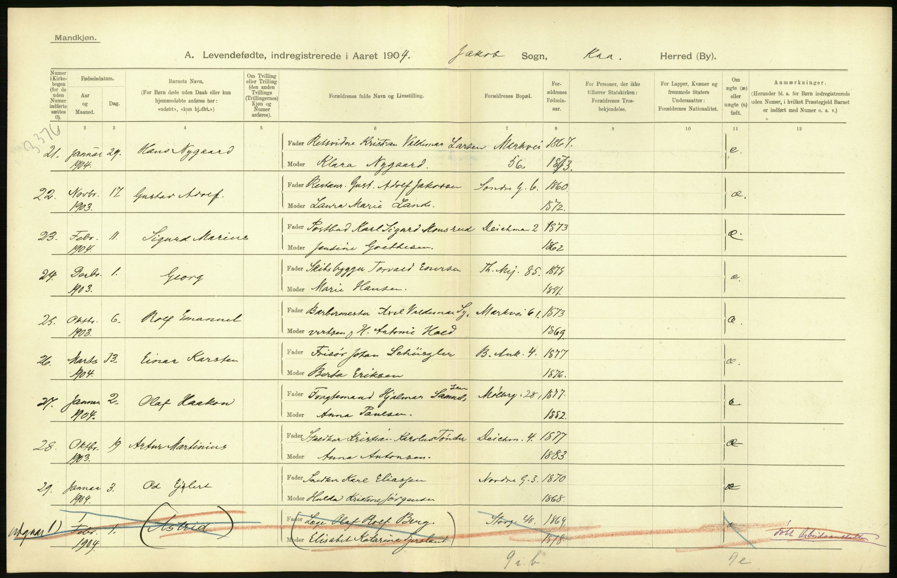 Statistisk sentralbyrå, Sosiodemografiske emner, Befolkning, AV/RA-S-2228/D/Df/Dfa/Dfab/L0003: Kristiania: Fødte, 1904, p. 14