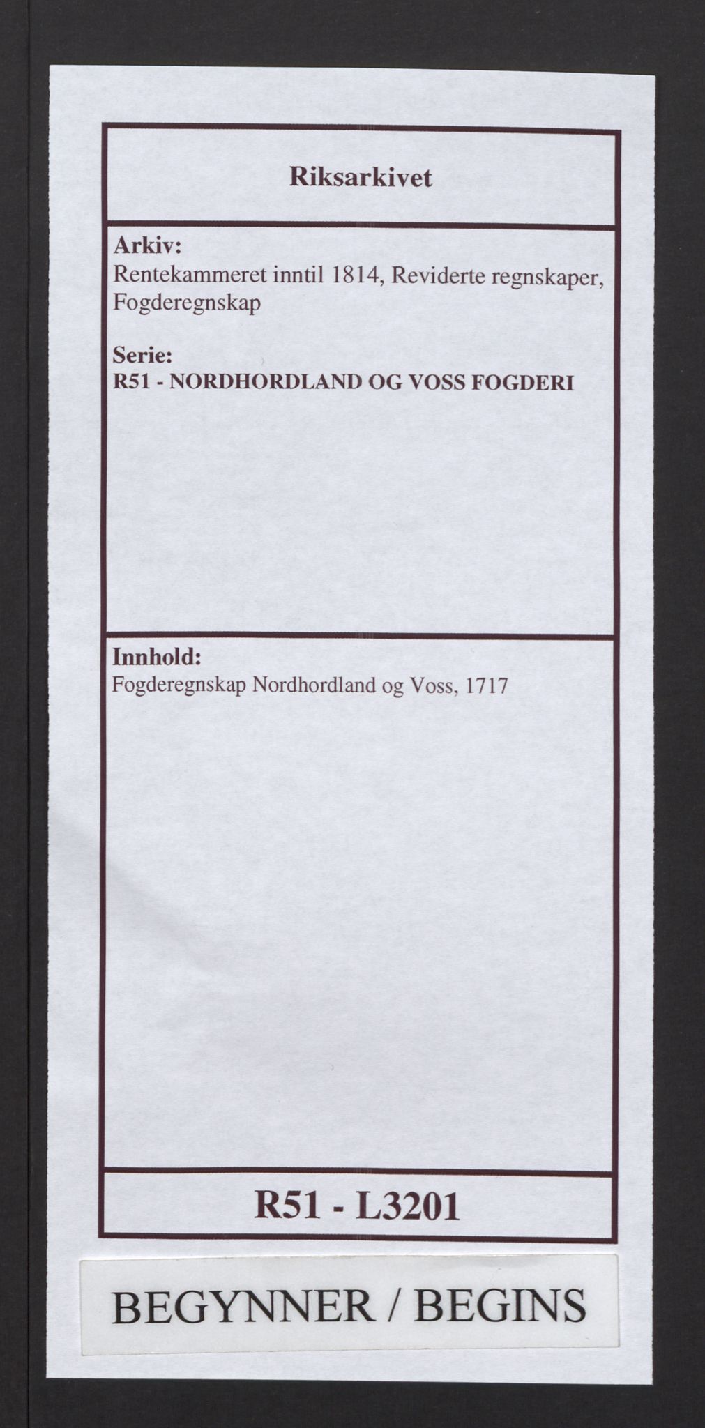 Rentekammeret inntil 1814, Reviderte regnskaper, Fogderegnskap, RA/EA-4092/R51/L3201: Fogderegnskap Nordhordland og Voss, 1717, p. 1