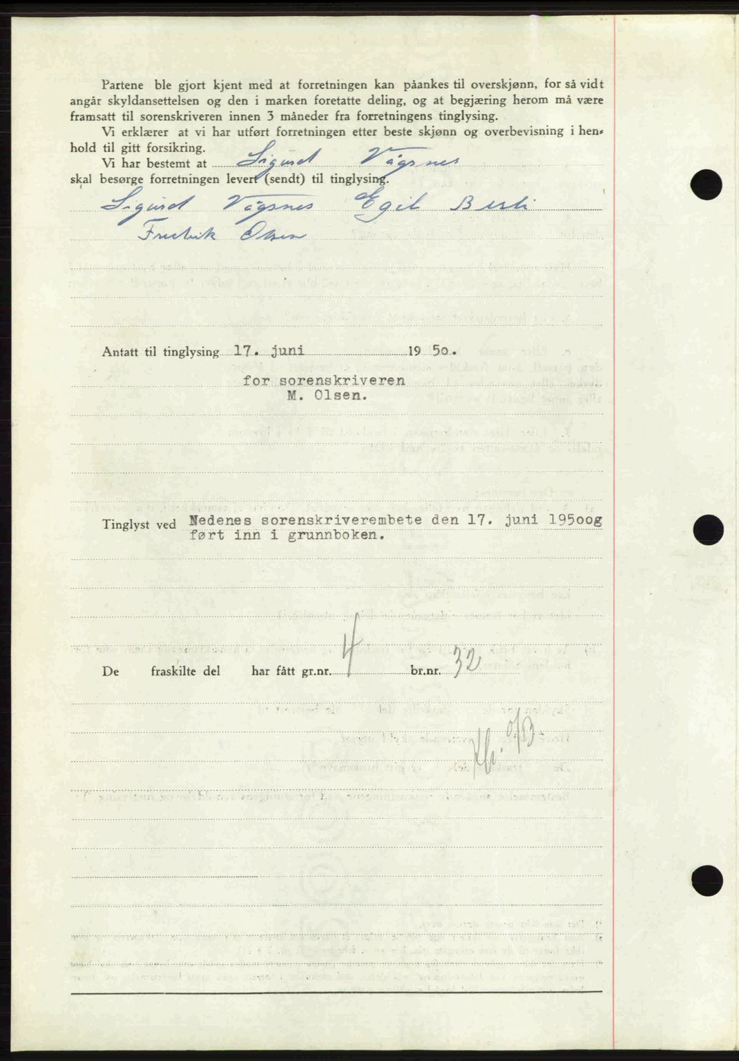 Nedenes sorenskriveri, SAK/1221-0006/G/Gb/Gba/L0062: Mortgage book no. A14, 1949-1950, Diary no: : 869/1950