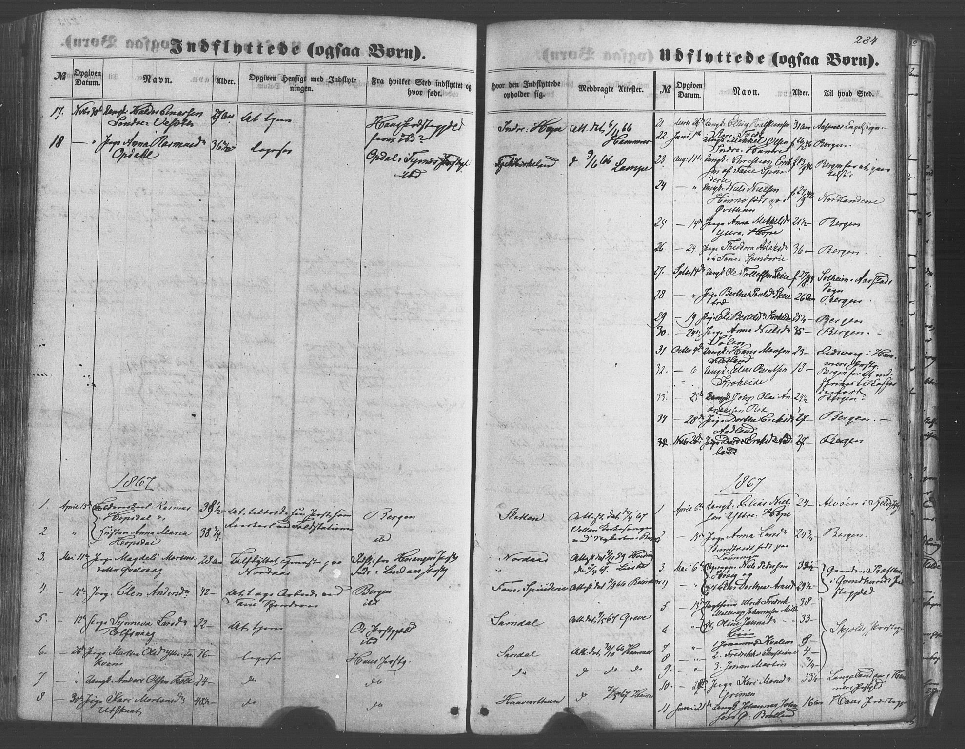 Fana Sokneprestembete, SAB/A-75101/H/Haa/Haaa/L0012: Parish register (official) no. A 12, 1862-1878, p. 284