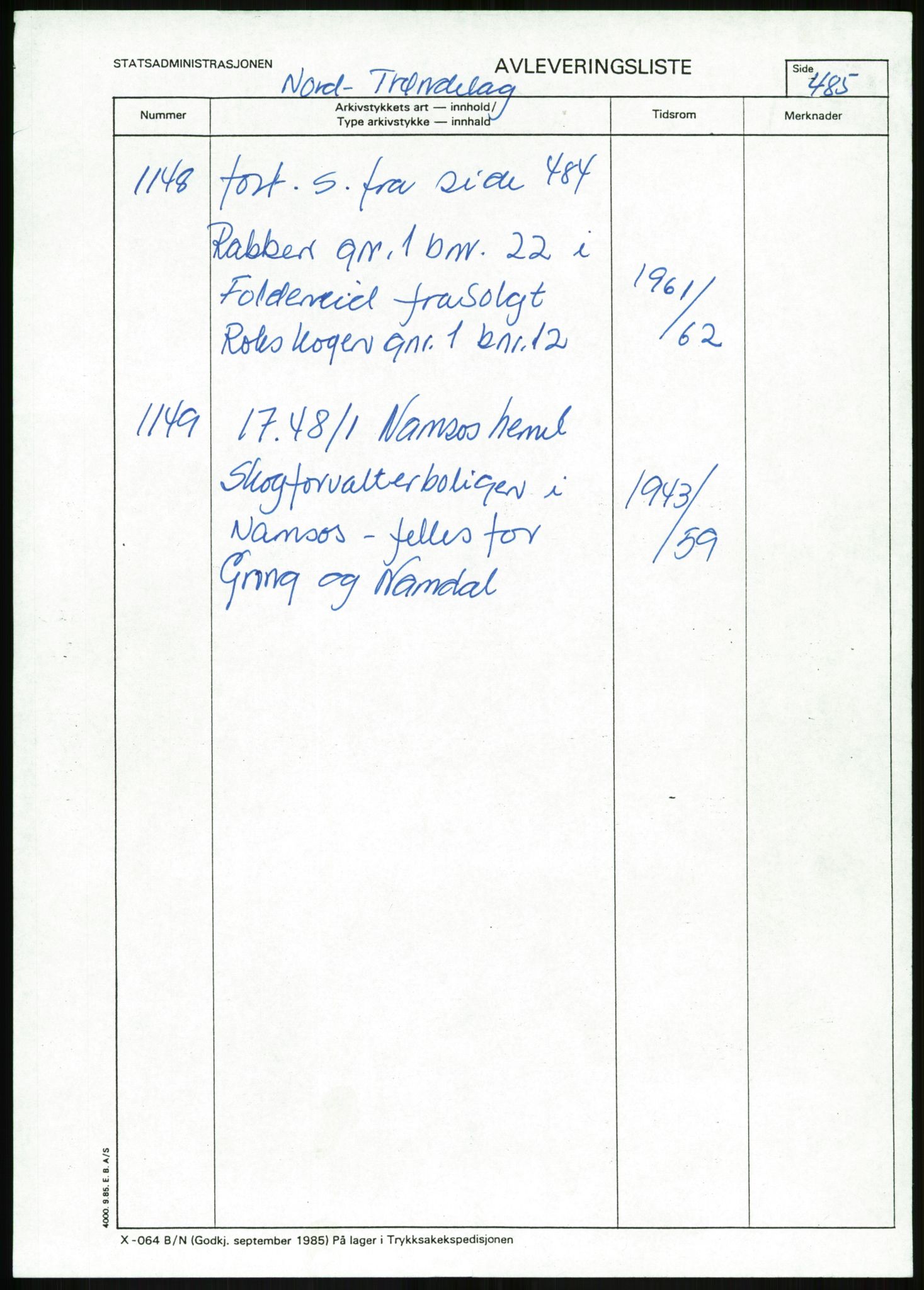 Direktoratet for statens skoger, AV/RA-S-1600/2/E/Eg/L0003: Arkivliste for 10.11-serien. Nord-Trøndelag til Finnmark fylke. Mappenr. 926 - 1505, 1957-1992, p. 178