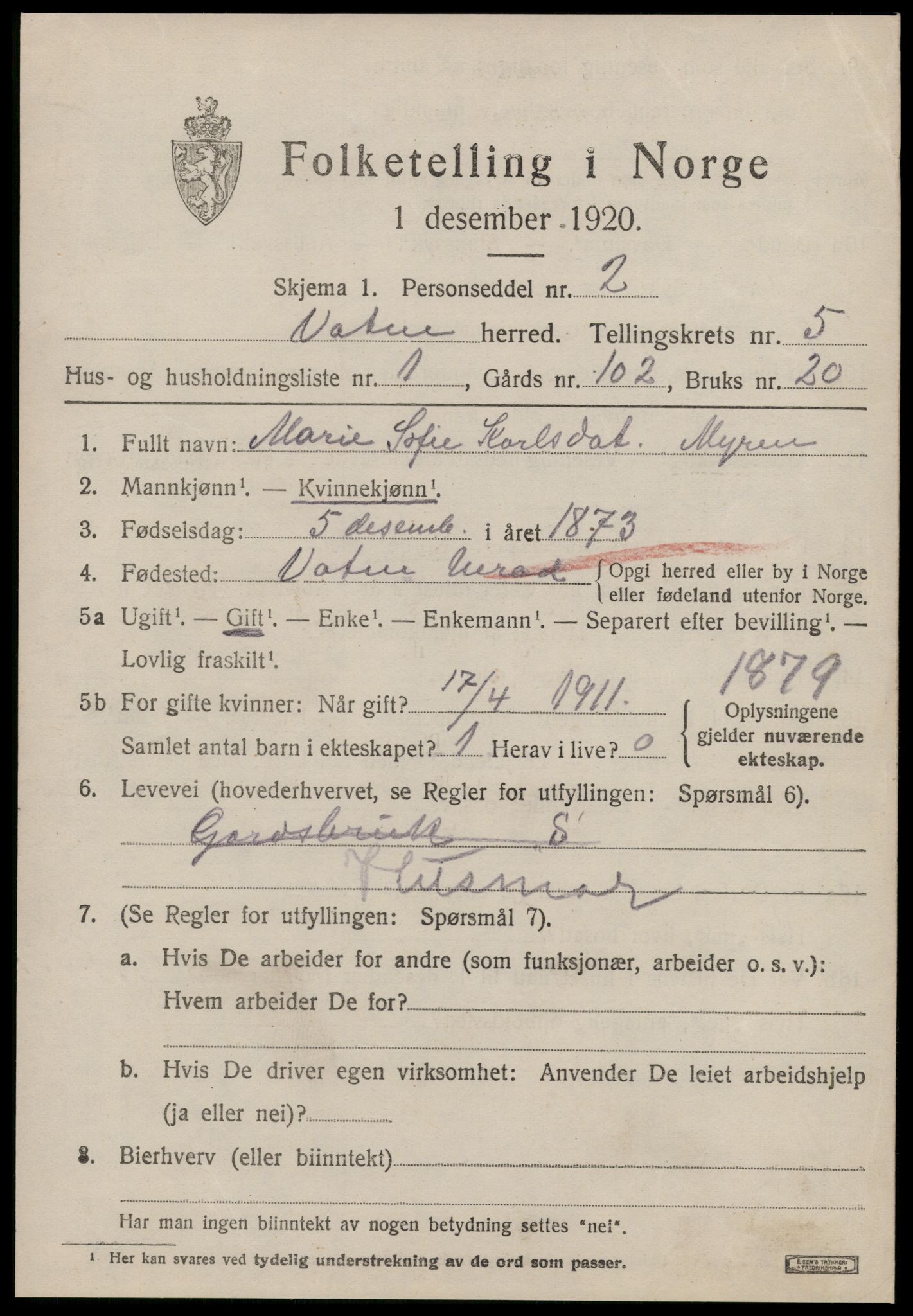 SAT, 1920 census for Vatne, 1920, p. 2154