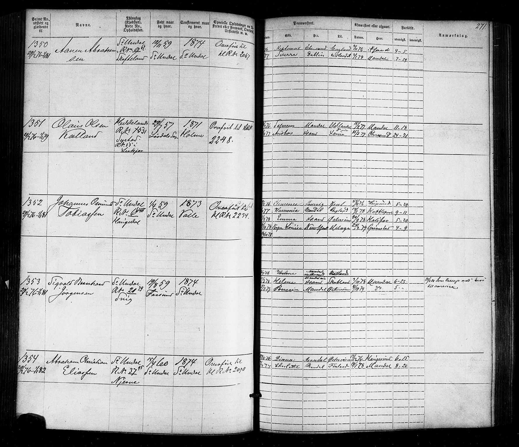 Mandal mønstringskrets, AV/SAK-2031-0016/F/Fa/L0005: Annotasjonsrulle nr 1-1909 med register, Y-15, 1868-1880, p. 311