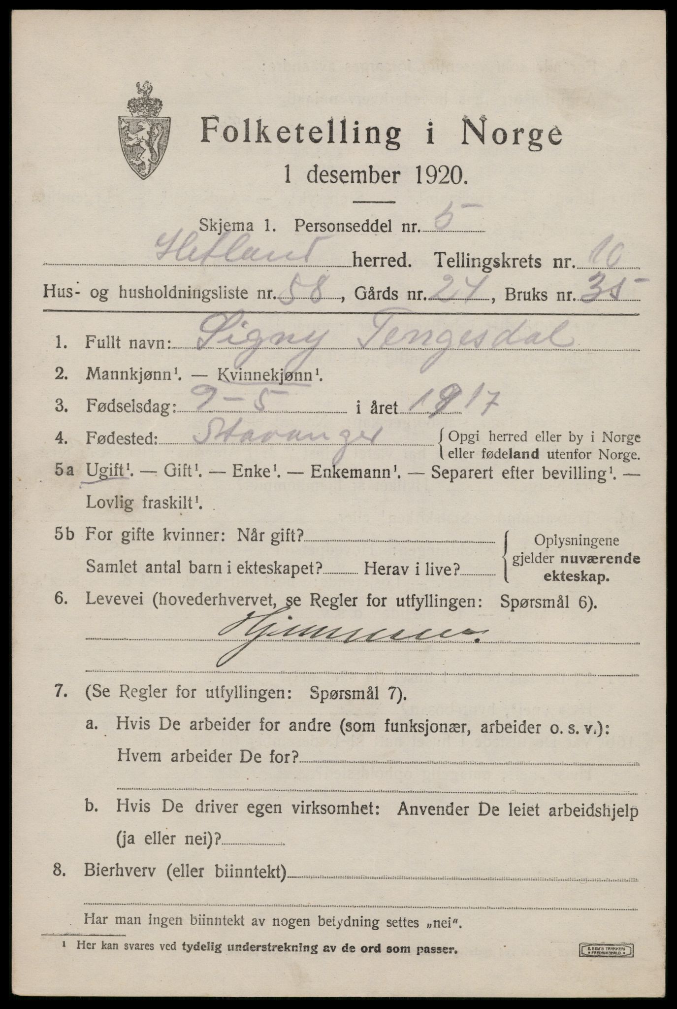 SAST, 1920 census for Hetland, 1920, p. 19743