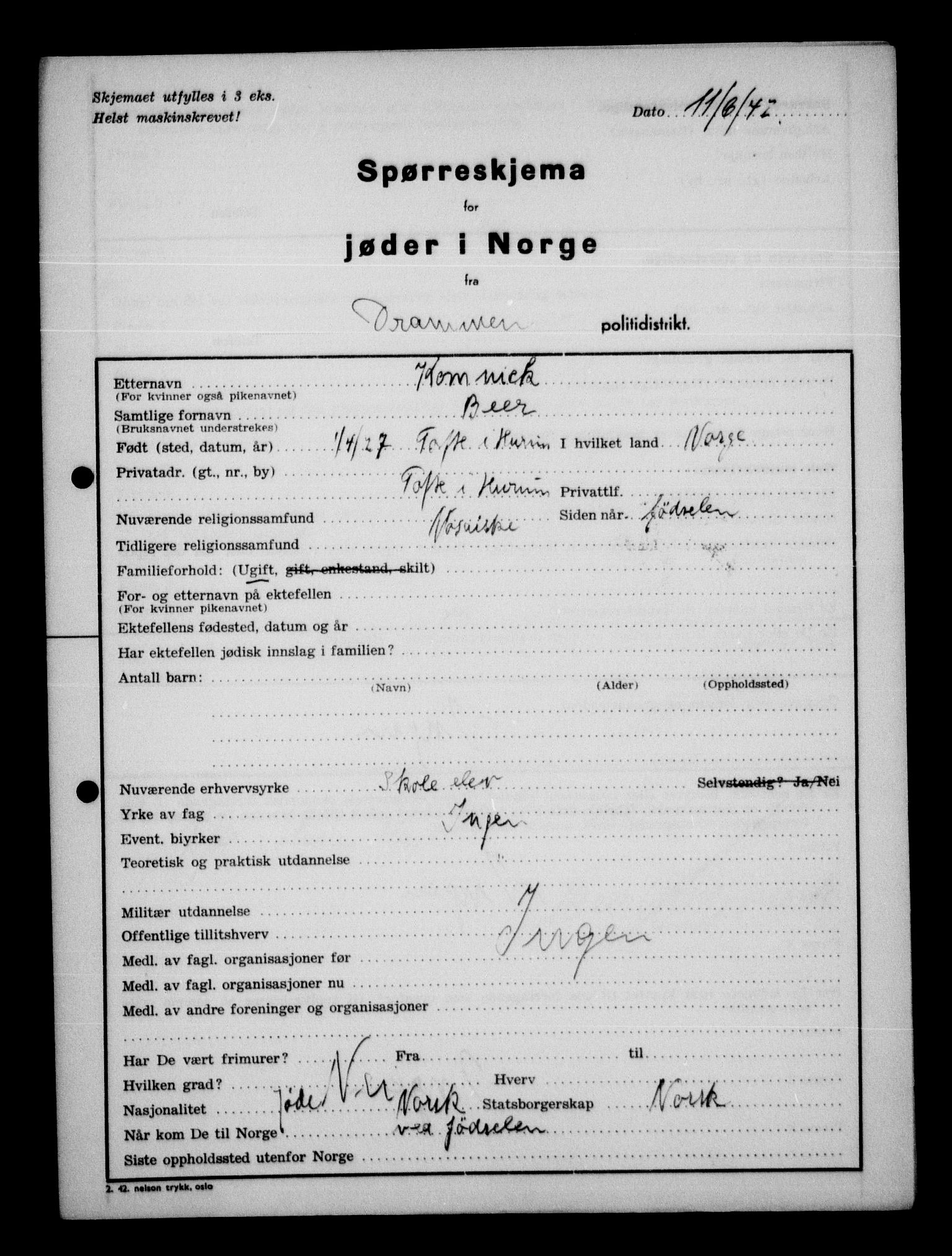 Statspolitiet - Hovedkontoret / Osloavdelingen, AV/RA-S-1329/G/Ga/L0012: Spørreskjema for jøder i Norge. 1: Aker 114- 207 (Levinson-Wozak) og 656 (Salomon). 2: Arendal-Hordaland. 3: Horten-Romerike.  , 1942, p. 384