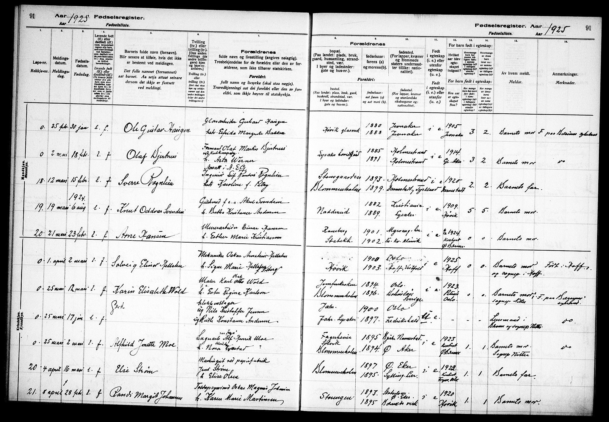 Østre Bærum prestekontor Kirkebøker, AV/SAO-A-10887/J/Ja/L0002: Birth register no. 2, 1922-1928, p. 91