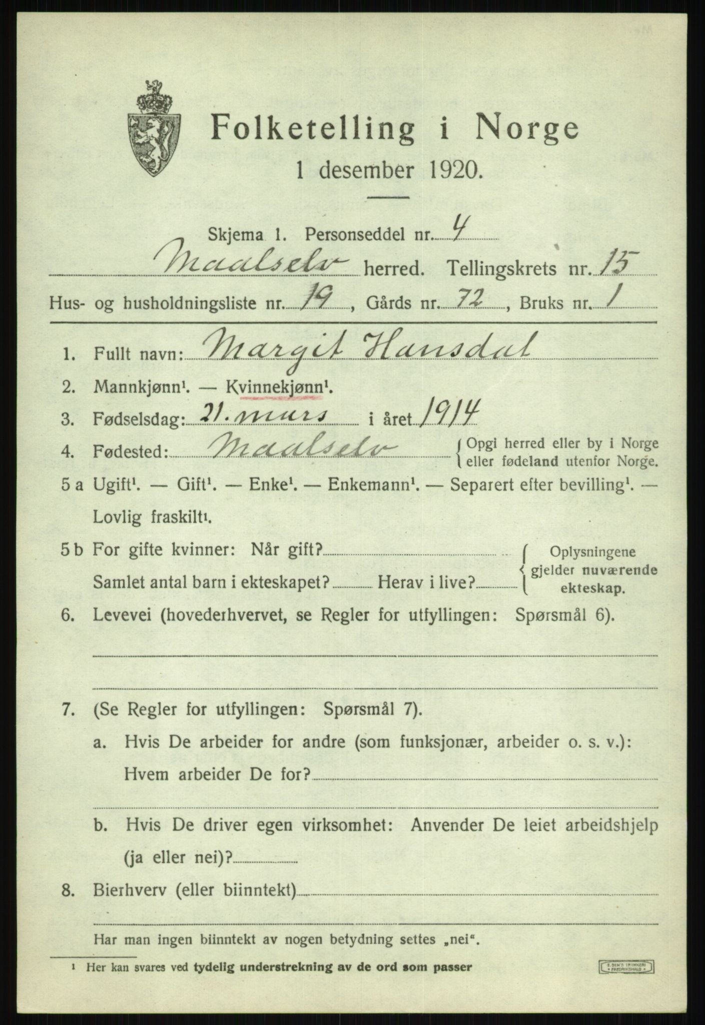 SATØ, 1920 census for Målselv, 1920, p. 7871