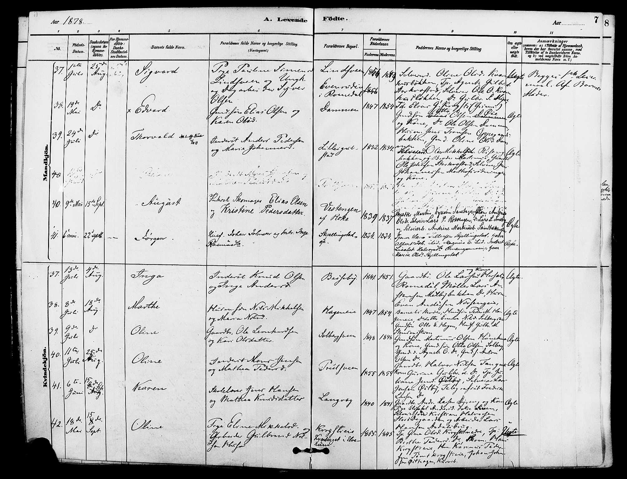 Løten prestekontor, AV/SAH-PREST-022/K/Ka/L0009: Parish register (official) no. 9, 1878-1891, p. 7